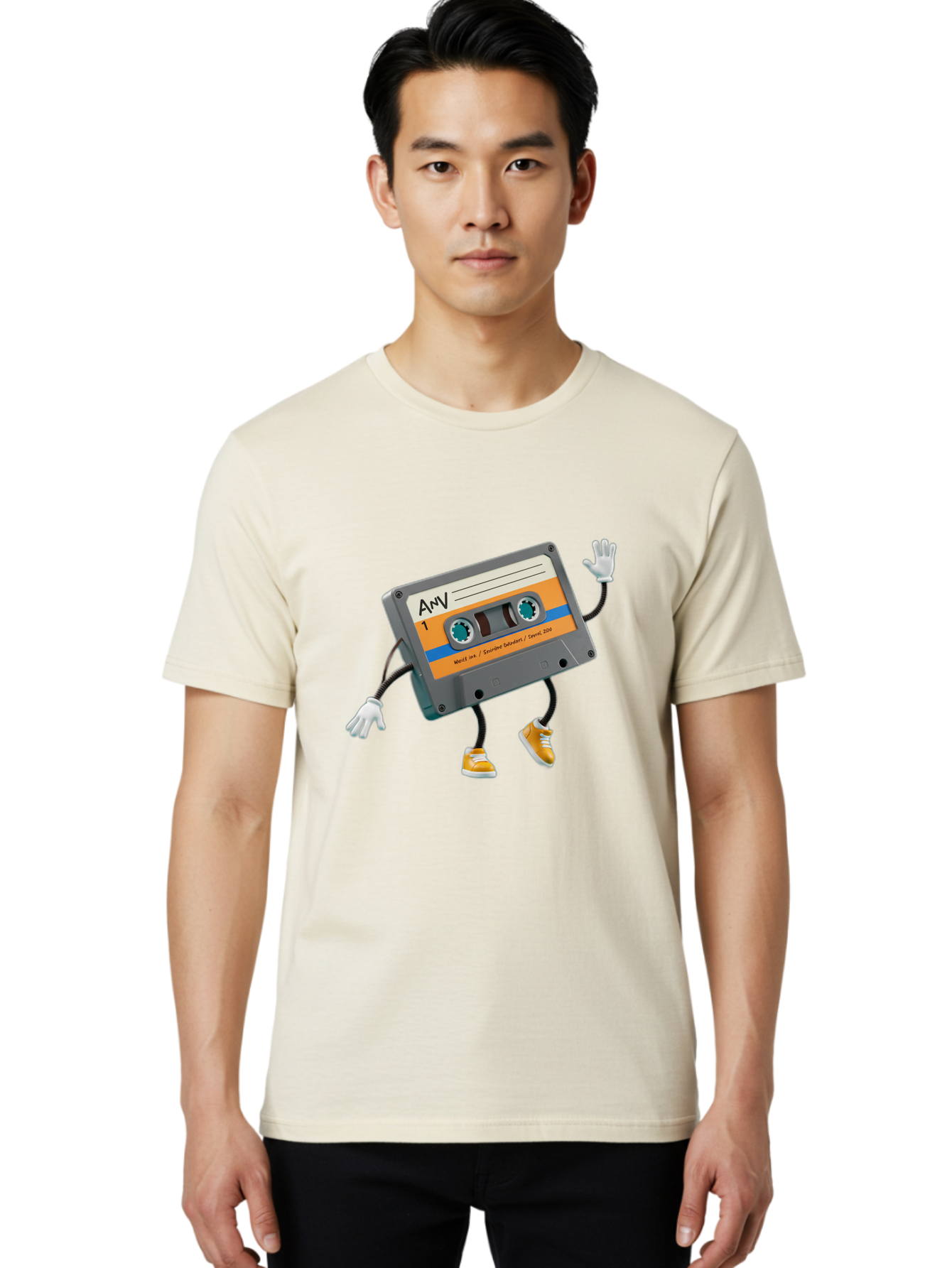 Cassette-Tape-1 Men'S Graphic Tee, 100% Cotton, Comfortable Casual Summer Wear, Machine Washable, Cartoon Cassette Tape, Anthropomorphic Character, Retro Music, Orange Sneakers, Waving Gesture, Fun Design, Nostalgic Vibe, Playful Illustration, Baa259