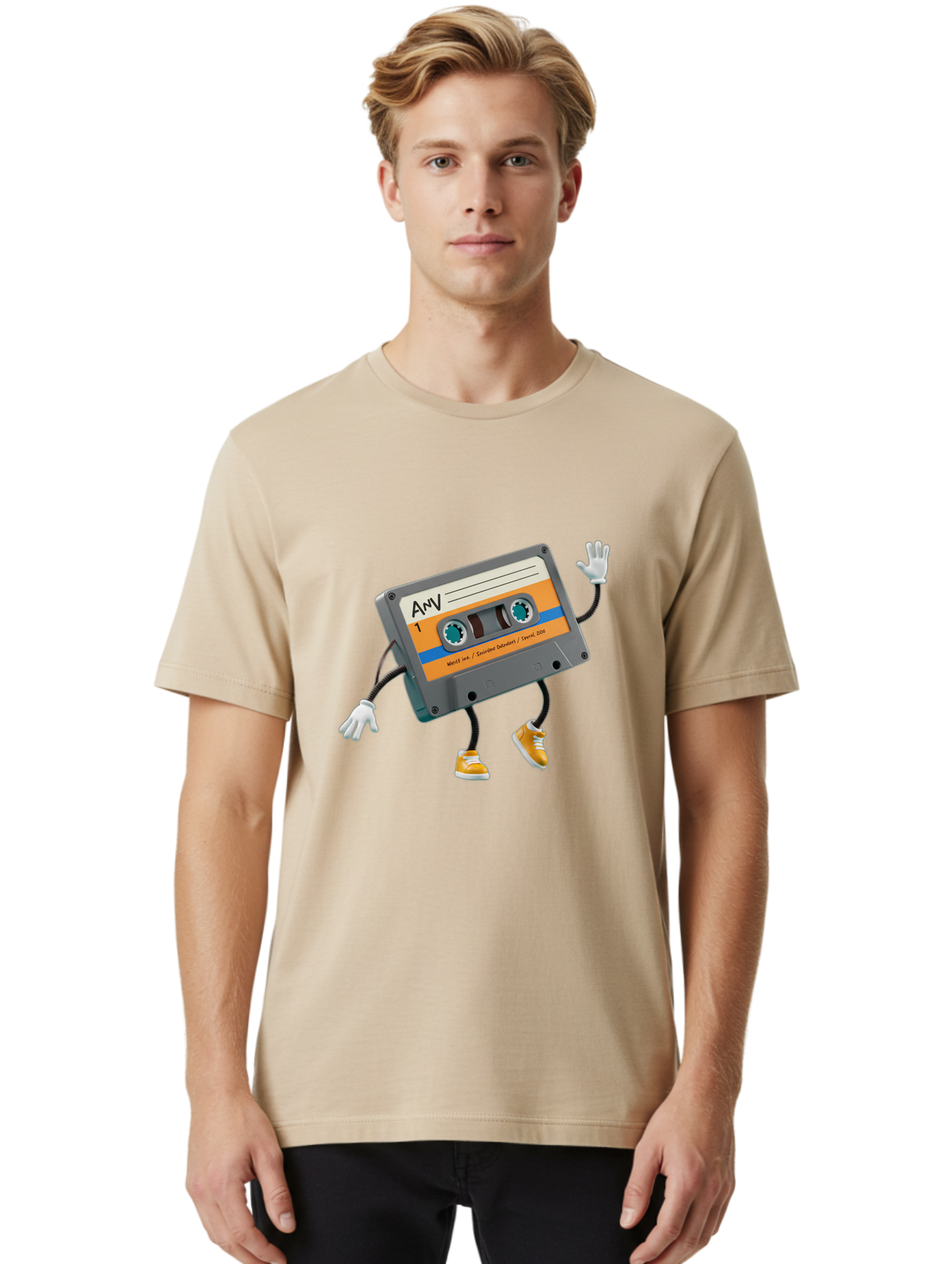 Cassette-Tape-1 Men'S Graphic Tee, 100% Cotton, Comfortable Casual Summer Wear, Machine Washable, Cartoon Cassette Tape, Anthropomorphic Character, Retro Music, Orange Sneakers, Waving Gesture, Fun Design, Nostalgic Vibe, Playful Illustration, Baa259