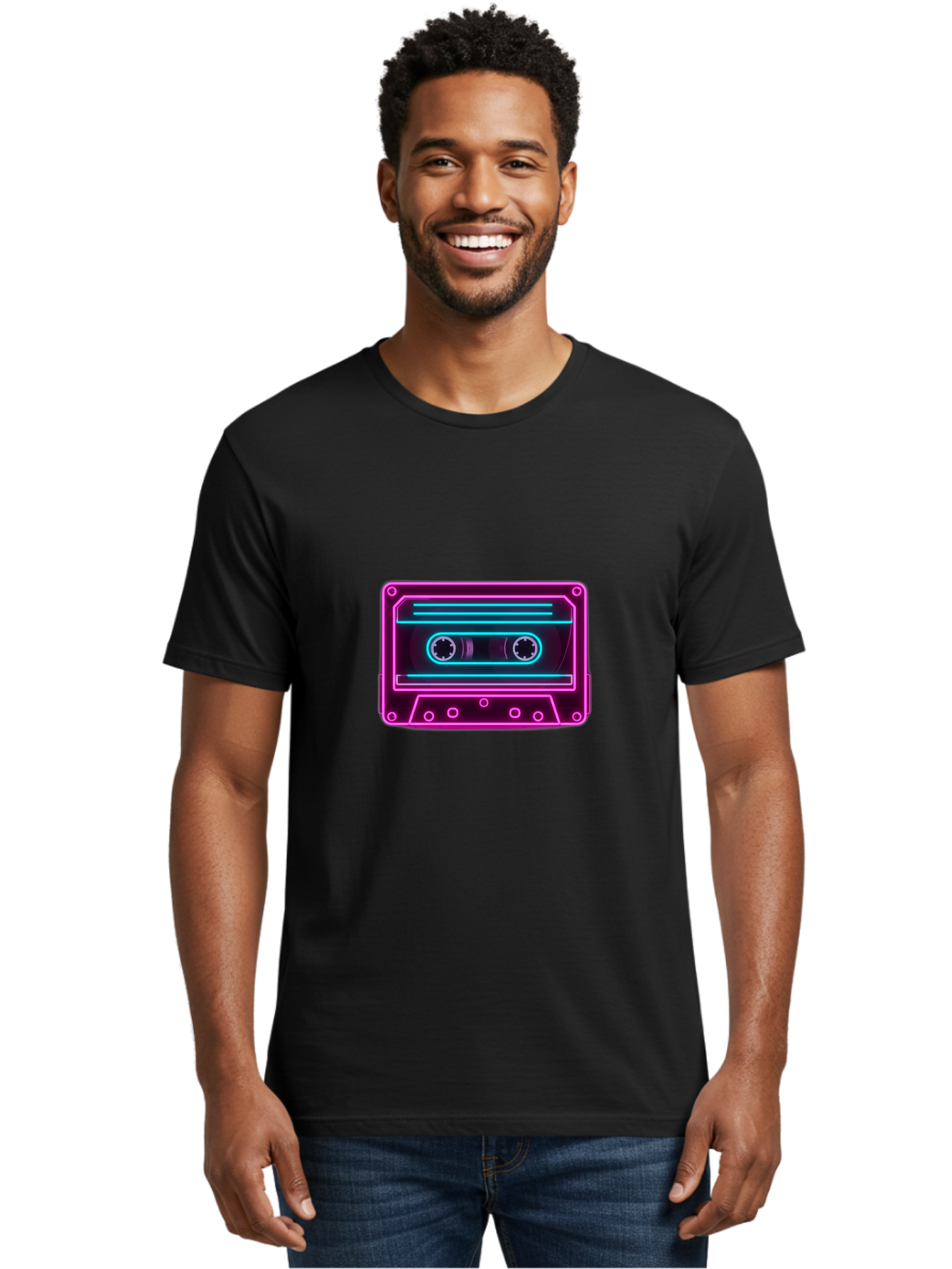Cassette-Tape-2 Men'S Graphic Tee, 100% Cotton, Comfortable Casual Summer Wear, Machine Washable, Retro Cassette Tape, Neon Lights, Colorful, Nostalgic Music, 80S And 90S Vibe, Music Technology, Audio Nostalgia, Vintage Electronics, Baa260