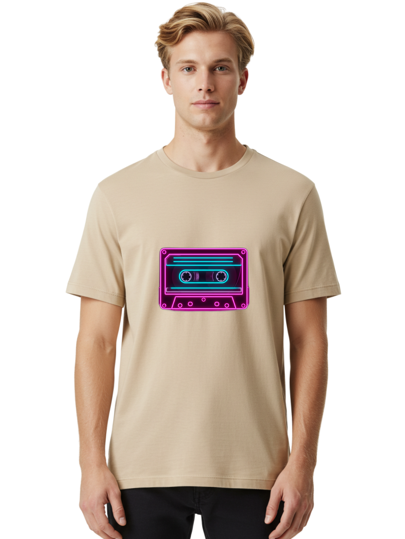 Cassette-Tape-2 Men'S Graphic Tee, 100% Cotton, Comfortable Casual Summer Wear, Machine Washable, Retro Cassette Tape, Neon Lights, Colorful, Nostalgic Music, 80S And 90S Vibe, Music Technology, Audio Nostalgia, Vintage Electronics, Baa260