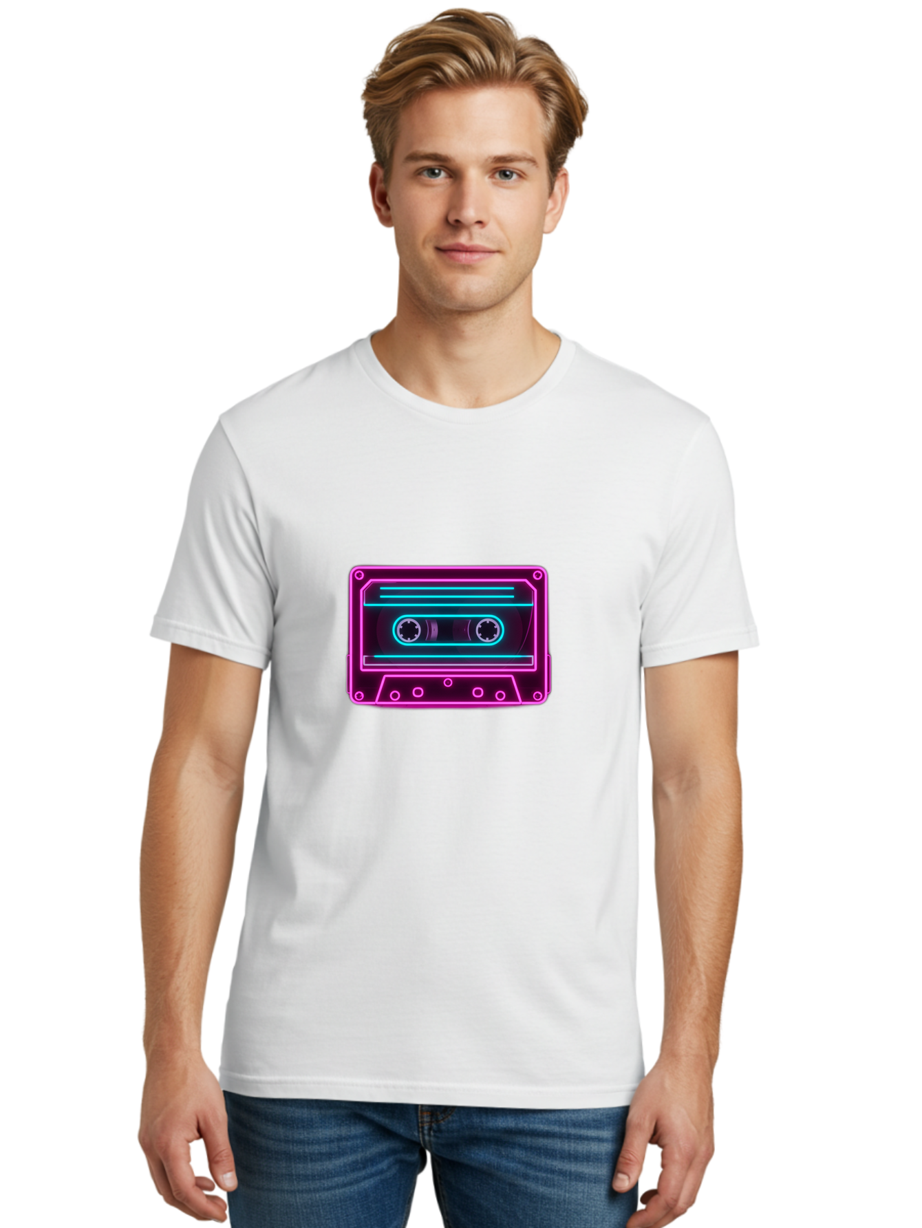 Cassette-Tape-2 Men'S Graphic Tee, 100% Cotton, Comfortable Casual Summer Wear, Machine Washable, Retro Cassette Tape, Neon Lights, Colorful, Nostalgic Music, 80S And 90S Vibe, Music Technology, Audio Nostalgia, Vintage Electronics, Baa260
