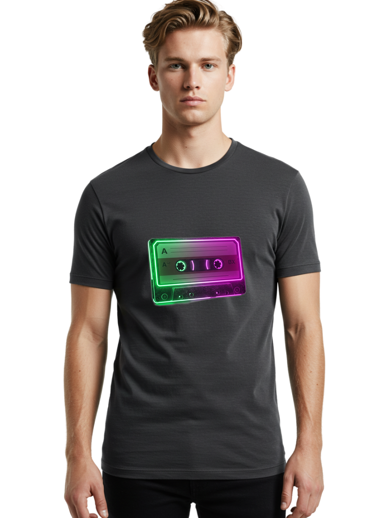 Cassette-Tape-3 Men'S Graphic Tee, 100% Cotton, Comfortable Casual Summer Wear, Machine Washable, Cassette Tape, Retro Music, Vintage Technology, A Side, Music Nostalgia, Cassette Player, Retro Aesthetics, Glowing Effect, Baa261