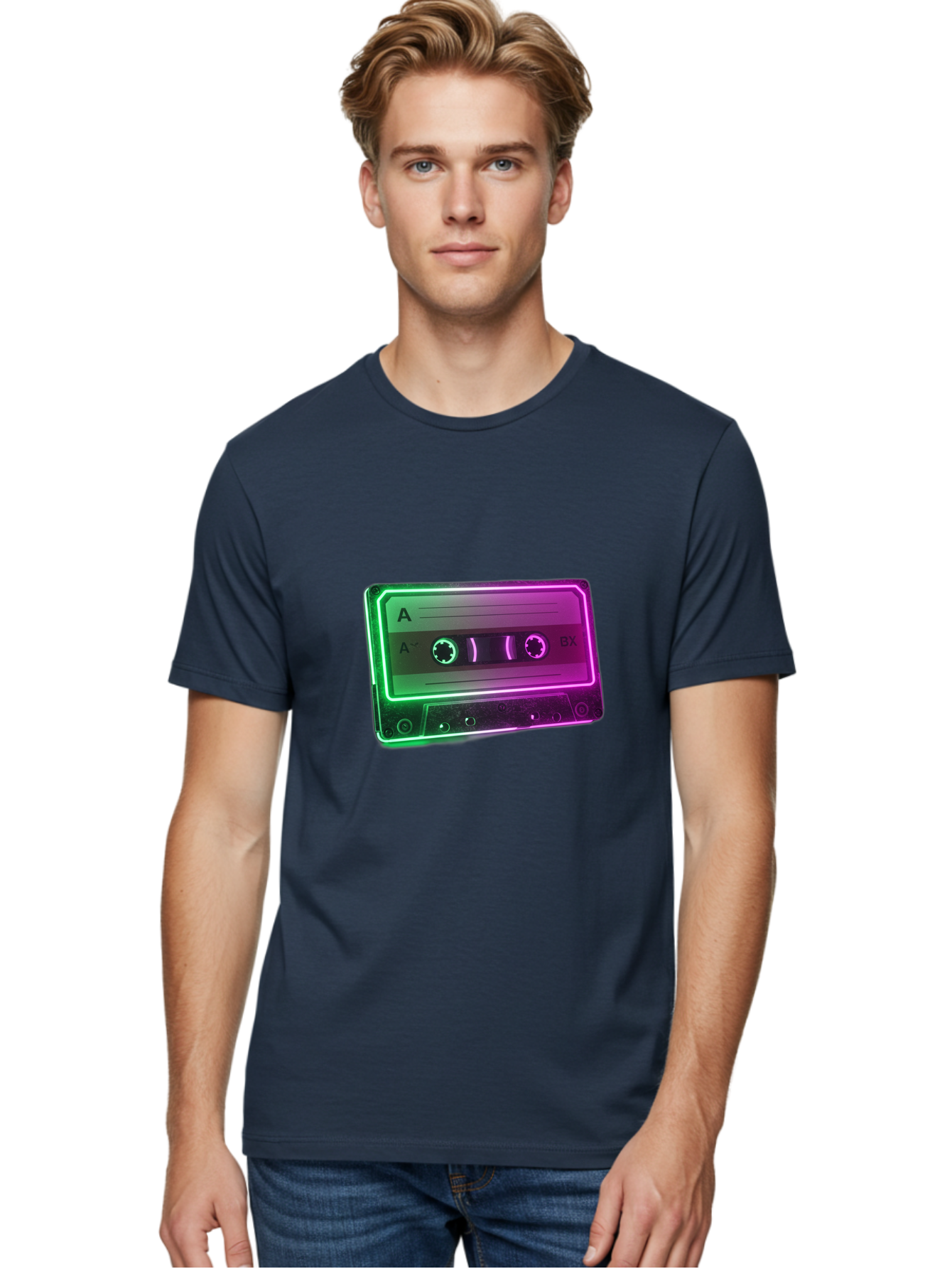 Cassette-Tape-3 Men'S Graphic Tee, 100% Cotton, Comfortable Casual Summer Wear, Machine Washable, Cassette Tape, Retro Music, Vintage Technology, A Side, Music Nostalgia, Cassette Player, Retro Aesthetics, Glowing Effect, Baa261