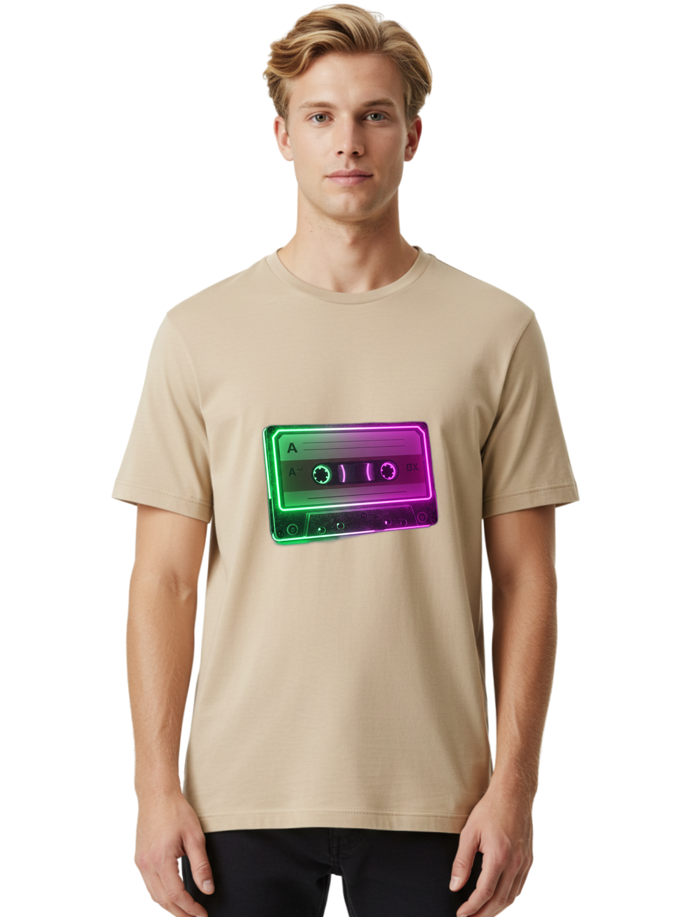 Cassette-Tape-3 Men'S Graphic Tee, 100% Cotton, Comfortable Casual Summer Wear, Machine Washable, Cassette Tape, Retro Music, Vintage Technology, A Side, Music Nostalgia, Cassette Player, Retro Aesthetics, Glowing Effect, Baa261