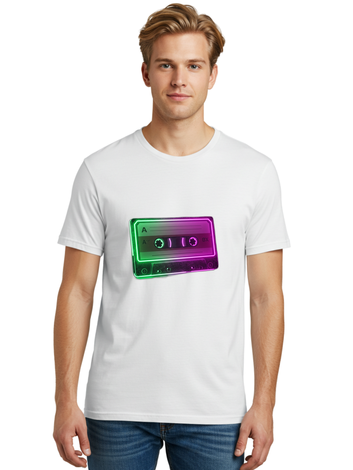 Cassette-Tape-3 Men'S Graphic Tee, 100% Cotton, Comfortable Casual Summer Wear, Machine Washable, Cassette Tape, Retro Music, Vintage Technology, A Side, Music Nostalgia, Cassette Player, Retro Aesthetics, Glowing Effect, Baa261