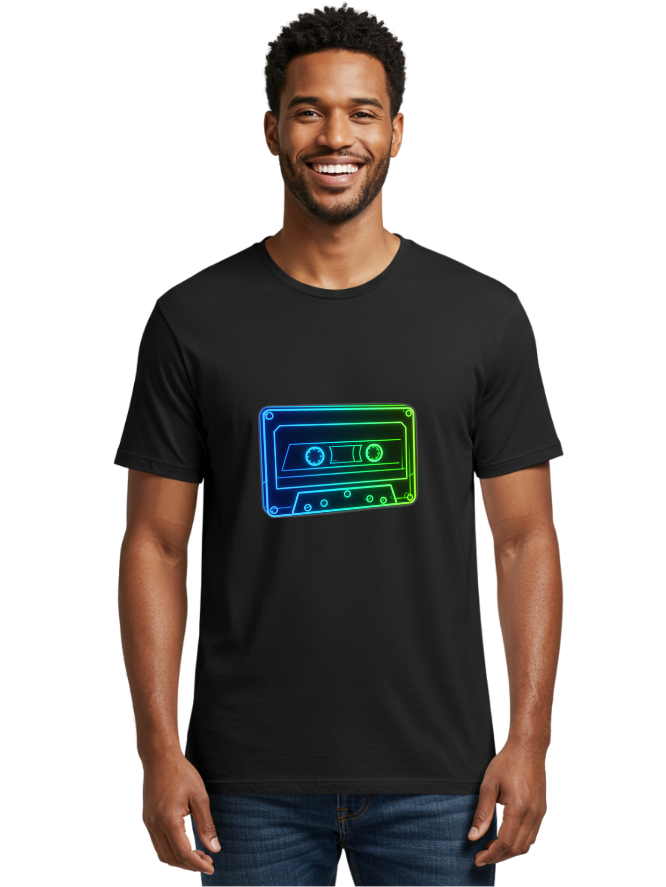 Cassette-Tape-5 Men'S Graphic Tee, 100% Cotton, Comfortable Casual Summer Wear, Machine Washable, Retro Cassette Tape, Vintage Music Format, Nostalgic Design, Neon Outline, Blue Glow, Music Nostalgia, Retro Technology, 80S Memorabilia, Baa263