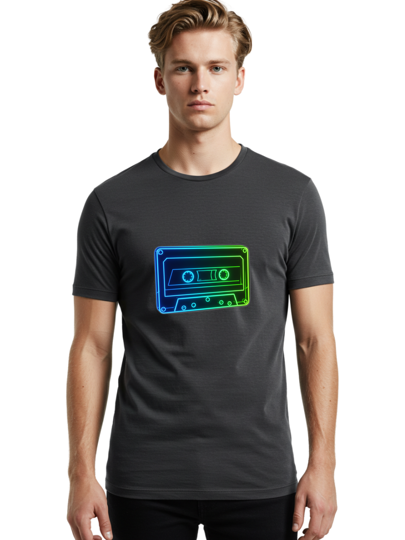 Cassette-Tape-5 Men'S Graphic Tee, 100% Cotton, Comfortable Casual Summer Wear, Machine Washable, Retro Cassette Tape, Vintage Music Format, Nostalgic Design, Neon Outline, Blue Glow, Music Nostalgia, Retro Technology, 80S Memorabilia, Baa263