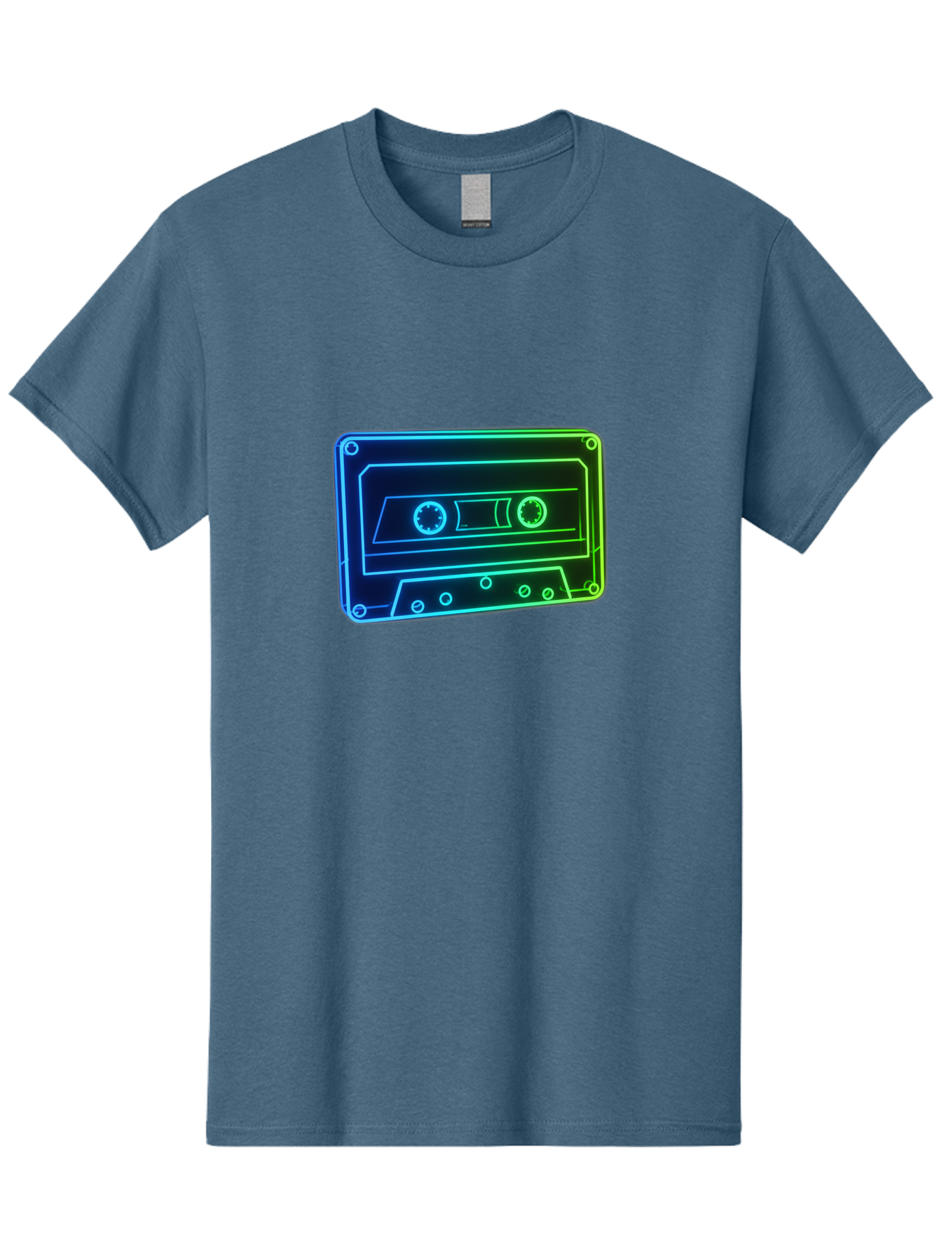 Cassette-Tape-5 Men'S Graphic Tee, 100% Cotton, Comfortable Casual Summer Wear, Machine Washable, Retro Cassette Tape, Vintage Music Format, Nostalgic Design, Neon Outline, Blue Glow, Music Nostalgia, Retro Technology, 80S Memorabilia, Baa263