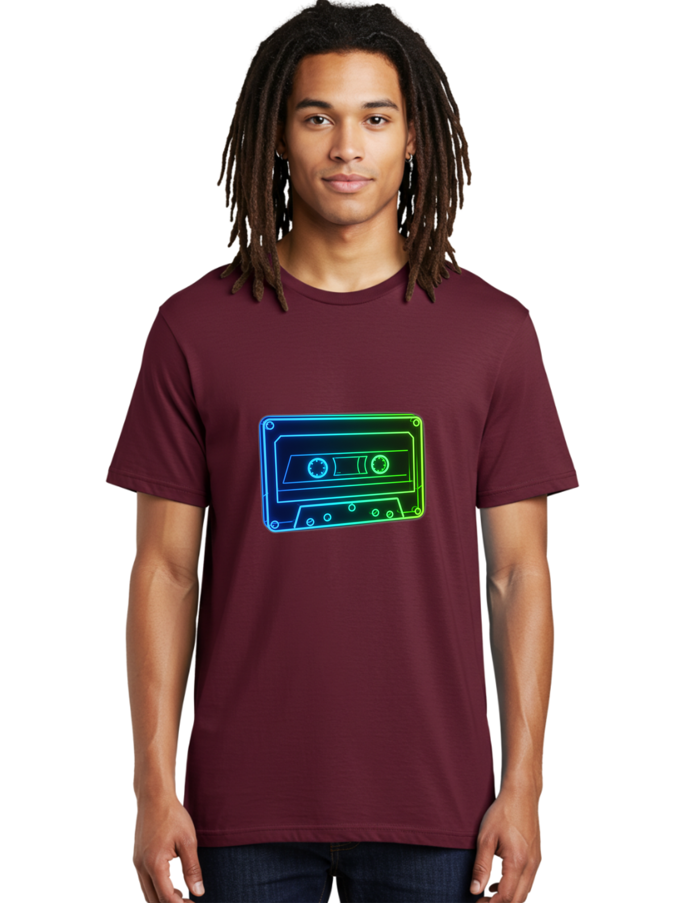 Cassette-Tape-5 Men'S Graphic Tee, 100% Cotton, Comfortable Casual Summer Wear, Machine Washable, Retro Cassette Tape, Vintage Music Format, Nostalgic Design, Neon Outline, Blue Glow, Music Nostalgia, Retro Technology, 80S Memorabilia, Baa263