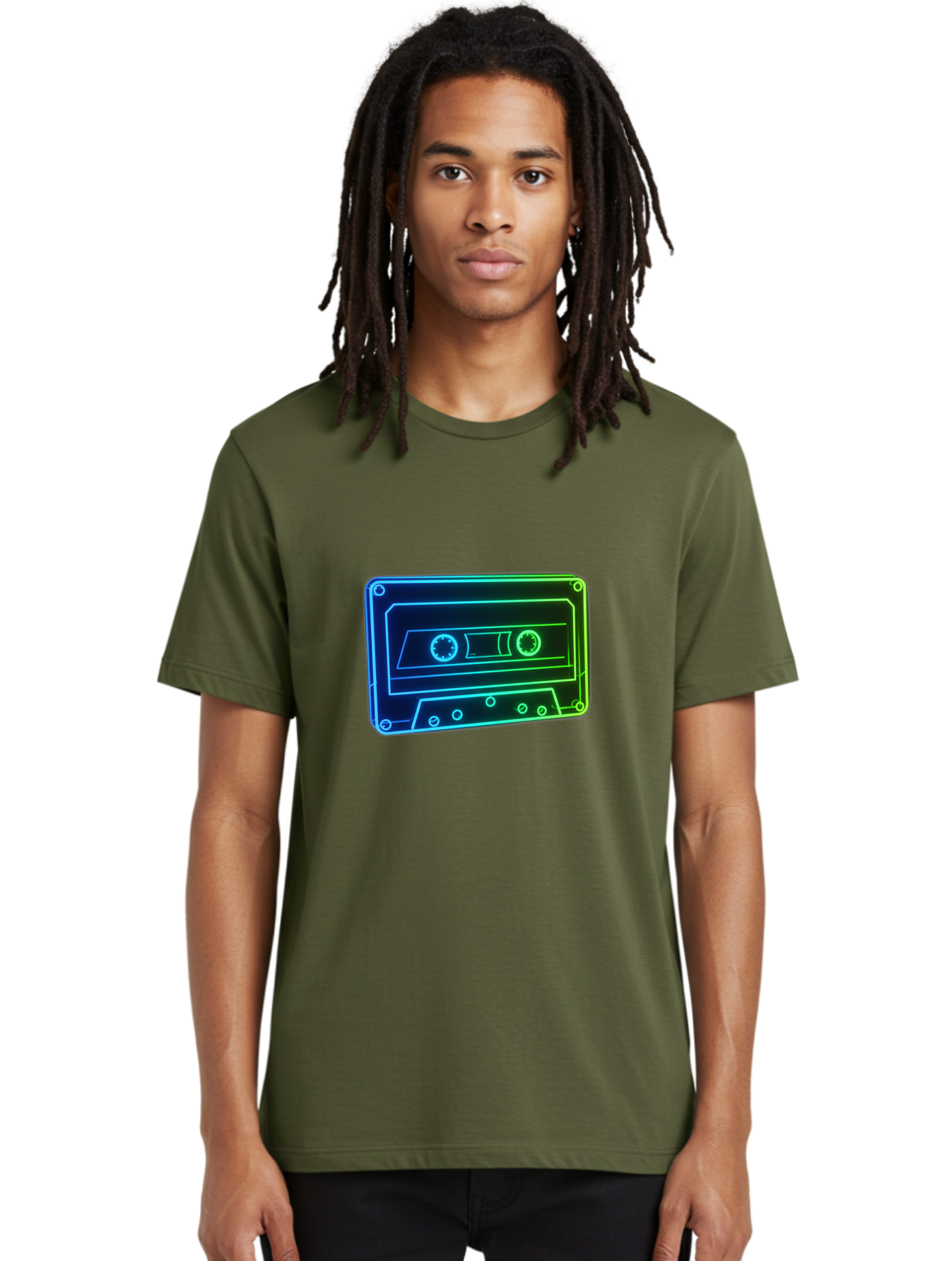 Cassette-Tape-5 Men'S Graphic Tee, 100% Cotton, Comfortable Casual Summer Wear, Machine Washable, Retro Cassette Tape, Vintage Music Format, Nostalgic Design, Neon Outline, Blue Glow, Music Nostalgia, Retro Technology, 80S Memorabilia, Baa263