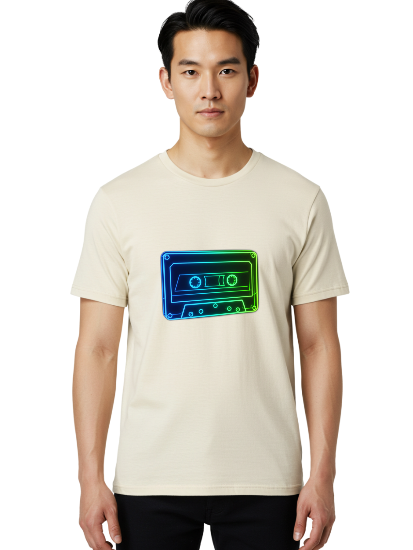 Cassette-Tape-5 Men'S Graphic Tee, 100% Cotton, Comfortable Casual Summer Wear, Machine Washable, Retro Cassette Tape, Vintage Music Format, Nostalgic Design, Neon Outline, Blue Glow, Music Nostalgia, Retro Technology, 80S Memorabilia, Baa263
