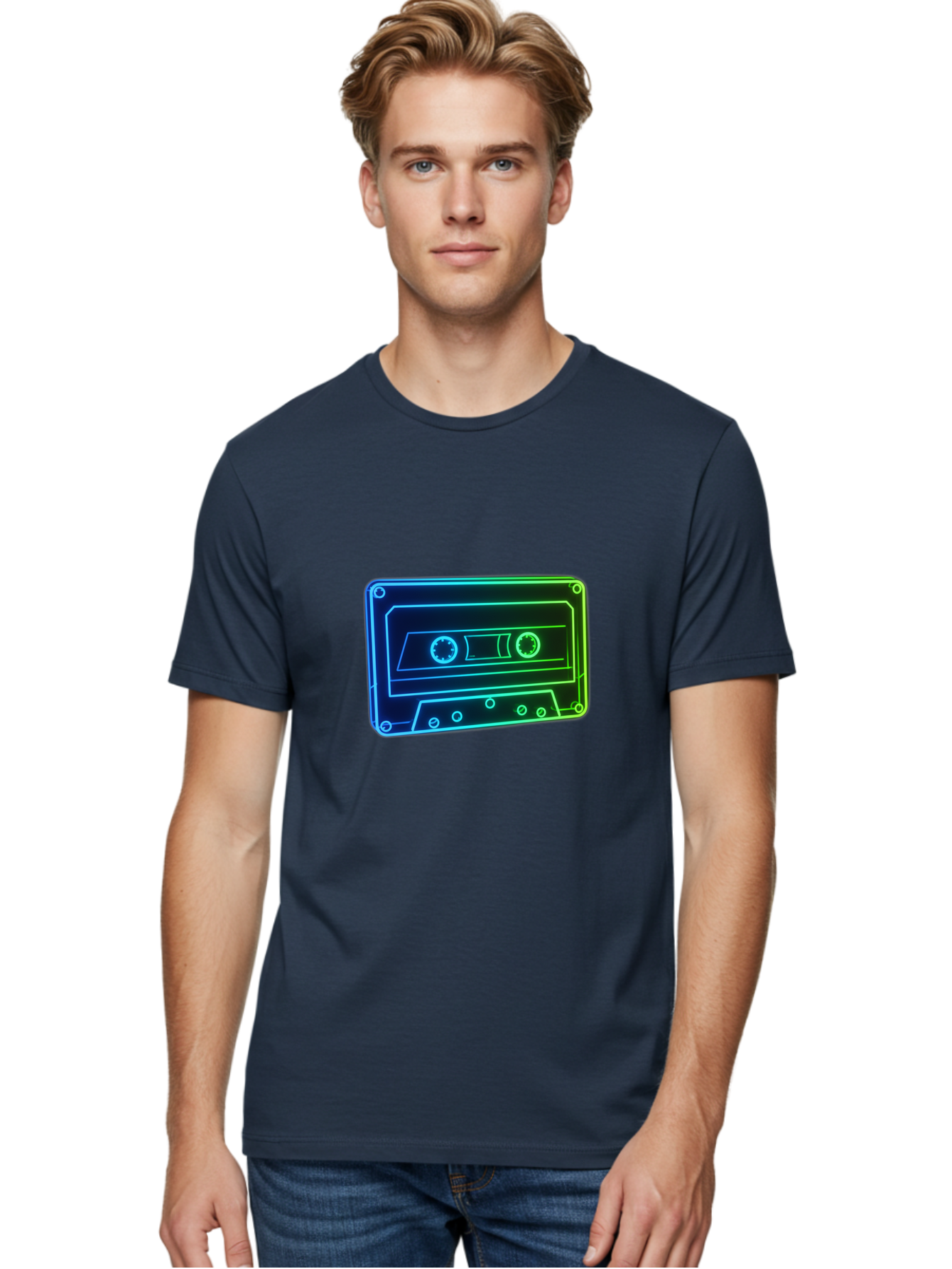 Cassette-Tape-5 Men'S Graphic Tee, 100% Cotton, Comfortable Casual Summer Wear, Machine Washable, Retro Cassette Tape, Vintage Music Format, Nostalgic Design, Neon Outline, Blue Glow, Music Nostalgia, Retro Technology, 80S Memorabilia, Baa263