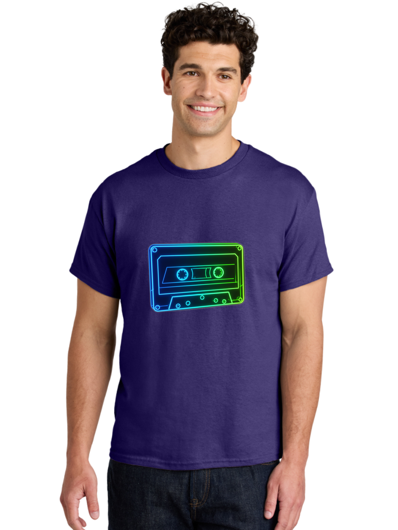 Cassette-Tape-5 Men'S Graphic Tee, 100% Cotton, Comfortable Casual Summer Wear, Machine Washable, Retro Cassette Tape, Vintage Music Format, Nostalgic Design, Neon Outline, Blue Glow, Music Nostalgia, Retro Technology, 80S Memorabilia, Baa263