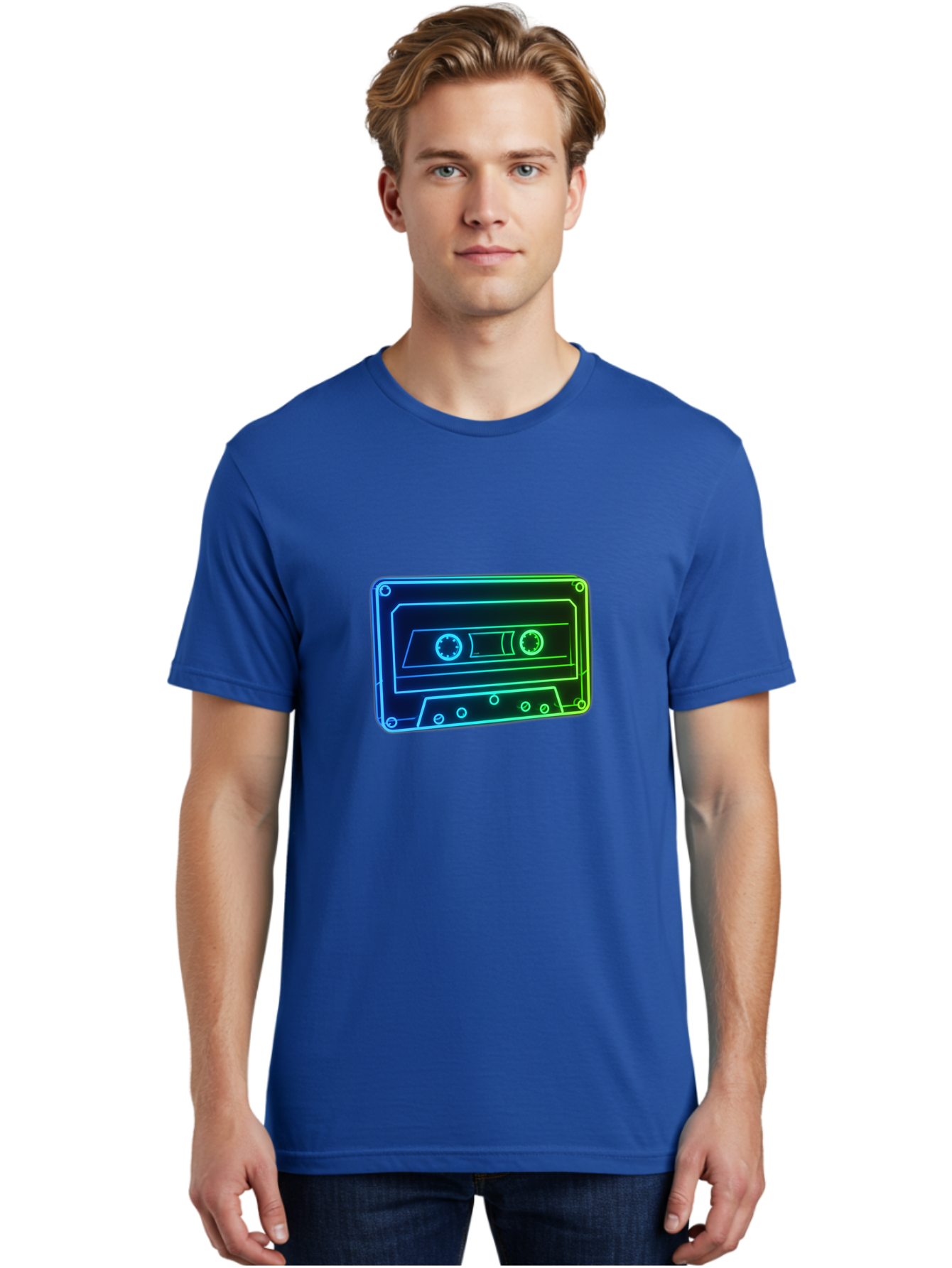 Cassette-Tape-5 Men'S Graphic Tee, 100% Cotton, Comfortable Casual Summer Wear, Machine Washable, Retro Cassette Tape, Vintage Music Format, Nostalgic Design, Neon Outline, Blue Glow, Music Nostalgia, Retro Technology, 80S Memorabilia, Baa263