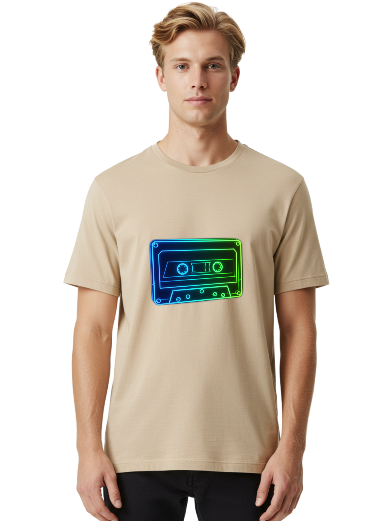 Cassette-Tape-5 Men'S Graphic Tee, 100% Cotton, Comfortable Casual Summer Wear, Machine Washable, Retro Cassette Tape, Vintage Music Format, Nostalgic Design, Neon Outline, Blue Glow, Music Nostalgia, Retro Technology, 80S Memorabilia, Baa263