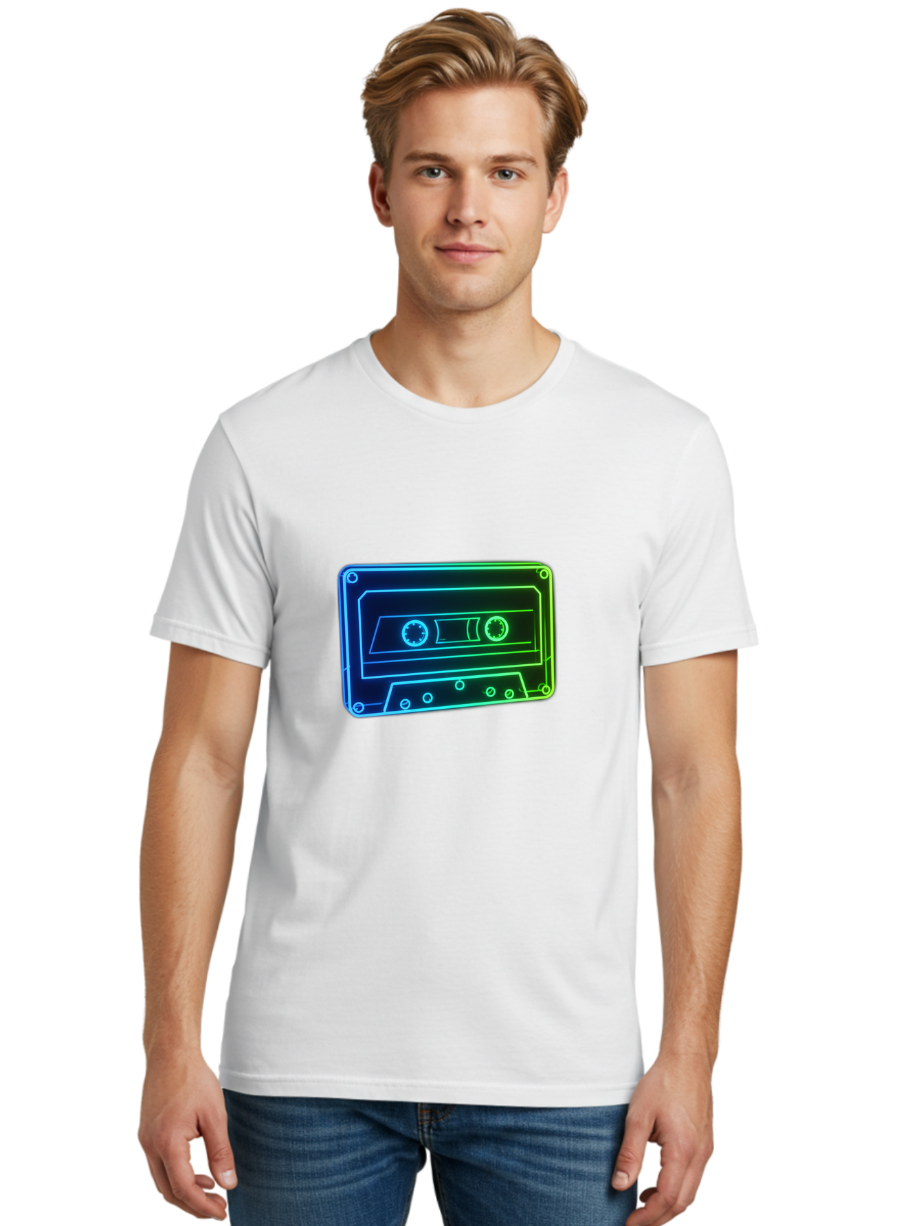 Cassette-Tape-5 Men'S Graphic Tee, 100% Cotton, Comfortable Casual Summer Wear, Machine Washable, Retro Cassette Tape, Vintage Music Format, Nostalgic Design, Neon Outline, Blue Glow, Music Nostalgia, Retro Technology, 80S Memorabilia, Baa263