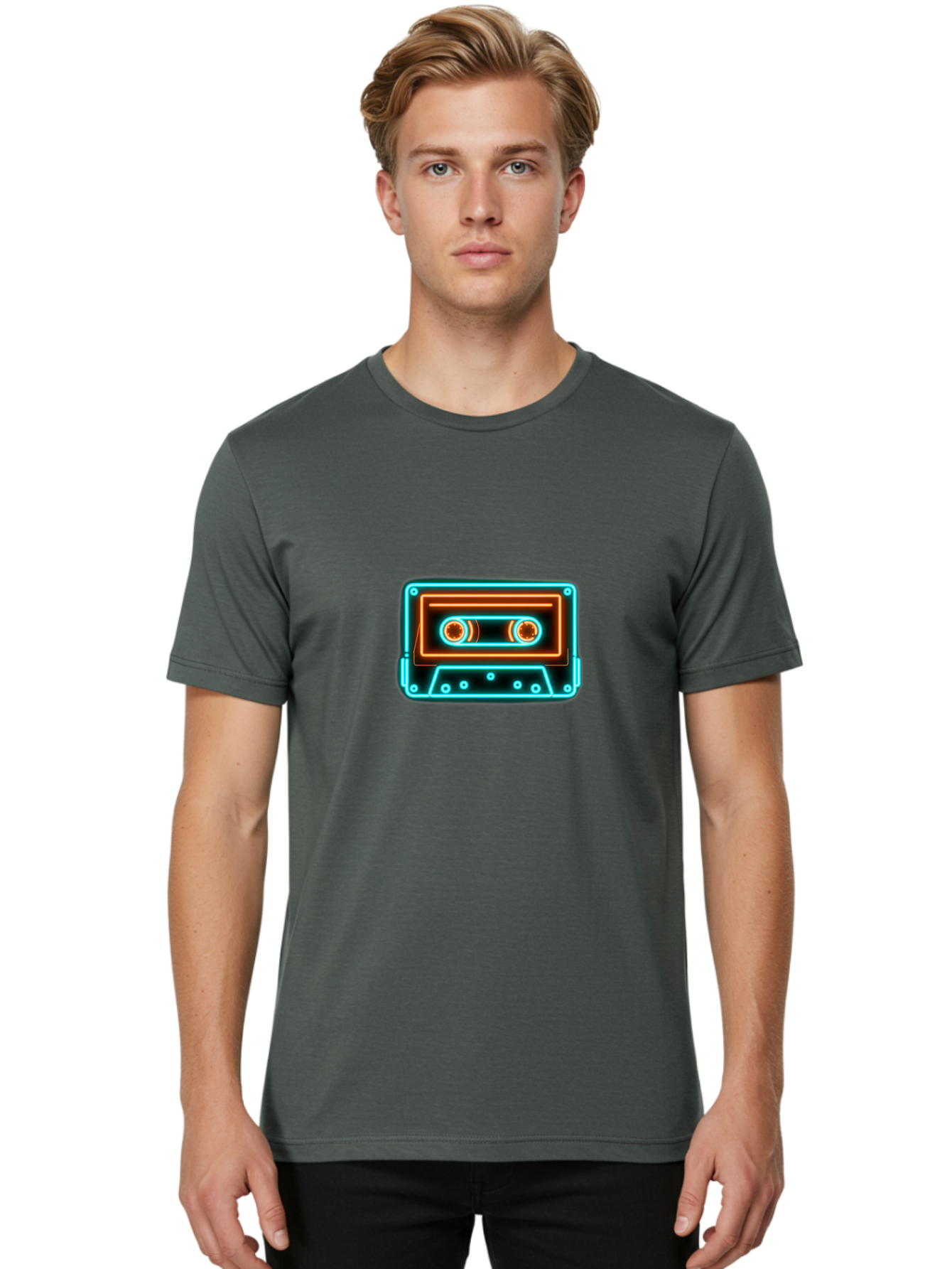 Cassette-Tape-6 Men'S Graphic Tee, 100% Cotton, Comfortable Casual Summer Wear, Machine Washable, Retro Cassette Tape, Neon Lights, Vibrant Colors, Nostalgic Music, Retro Technology, 80S And 90S Memorabilia, Music Lover, Vintage Audio Baa264