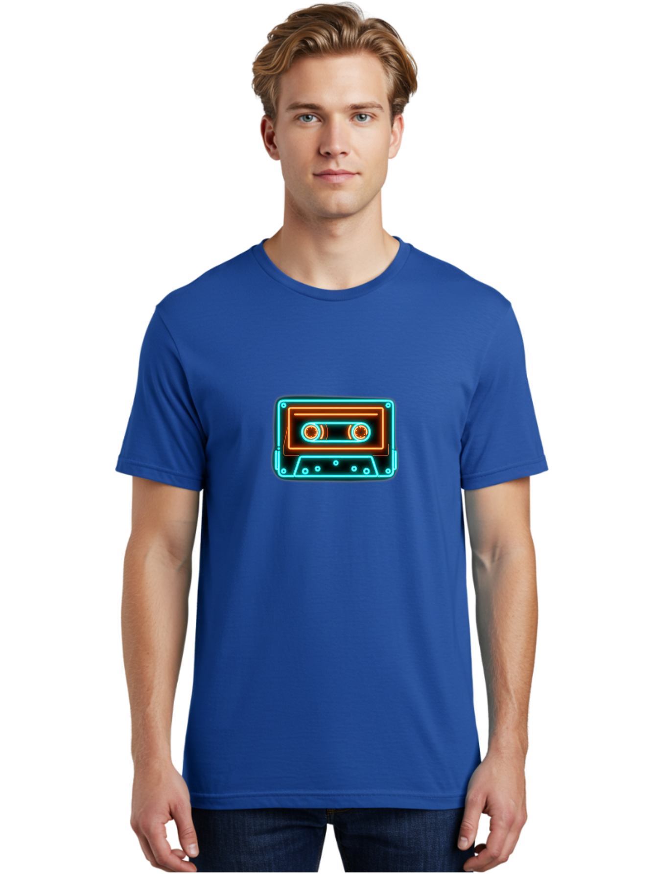 Cassette-Tape-6 Men'S Graphic Tee, 100% Cotton, Comfortable Casual Summer Wear, Machine Washable, Retro Cassette Tape, Neon Lights, Vibrant Colors, Nostalgic Music, Retro Technology, 80S And 90S Memorabilia, Music Lover, Vintage Audio Baa264