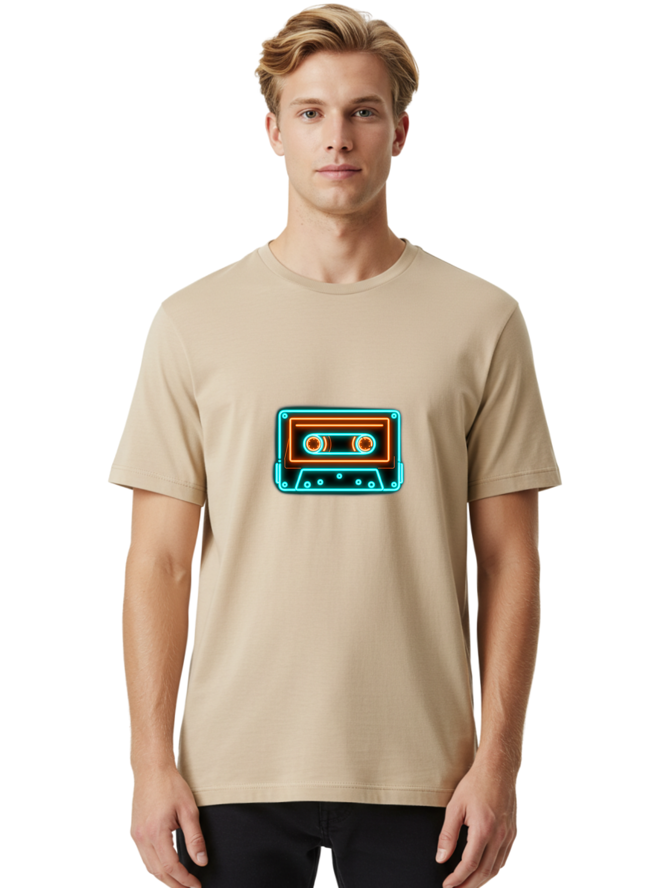 Cassette-Tape-6 Men'S Graphic Tee, 100% Cotton, Comfortable Casual Summer Wear, Machine Washable, Retro Cassette Tape, Neon Lights, Vibrant Colors, Nostalgic Music, Retro Technology, 80S And 90S Memorabilia, Music Lover, Vintage Audio Baa264