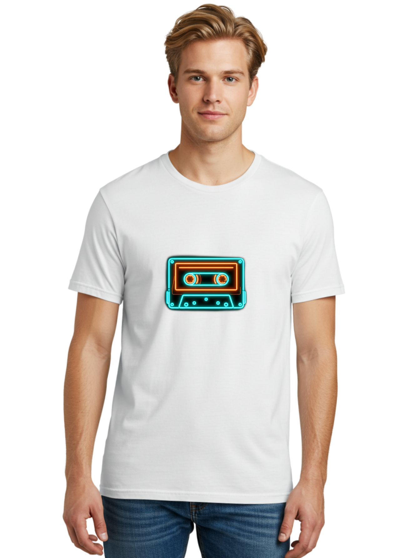 Cassette-Tape-6 Men'S Graphic Tee, 100% Cotton, Comfortable Casual Summer Wear, Machine Washable, Retro Cassette Tape, Neon Lights, Vibrant Colors, Nostalgic Music, Retro Technology, 80S And 90S Memorabilia, Music Lover, Vintage Audio Baa264