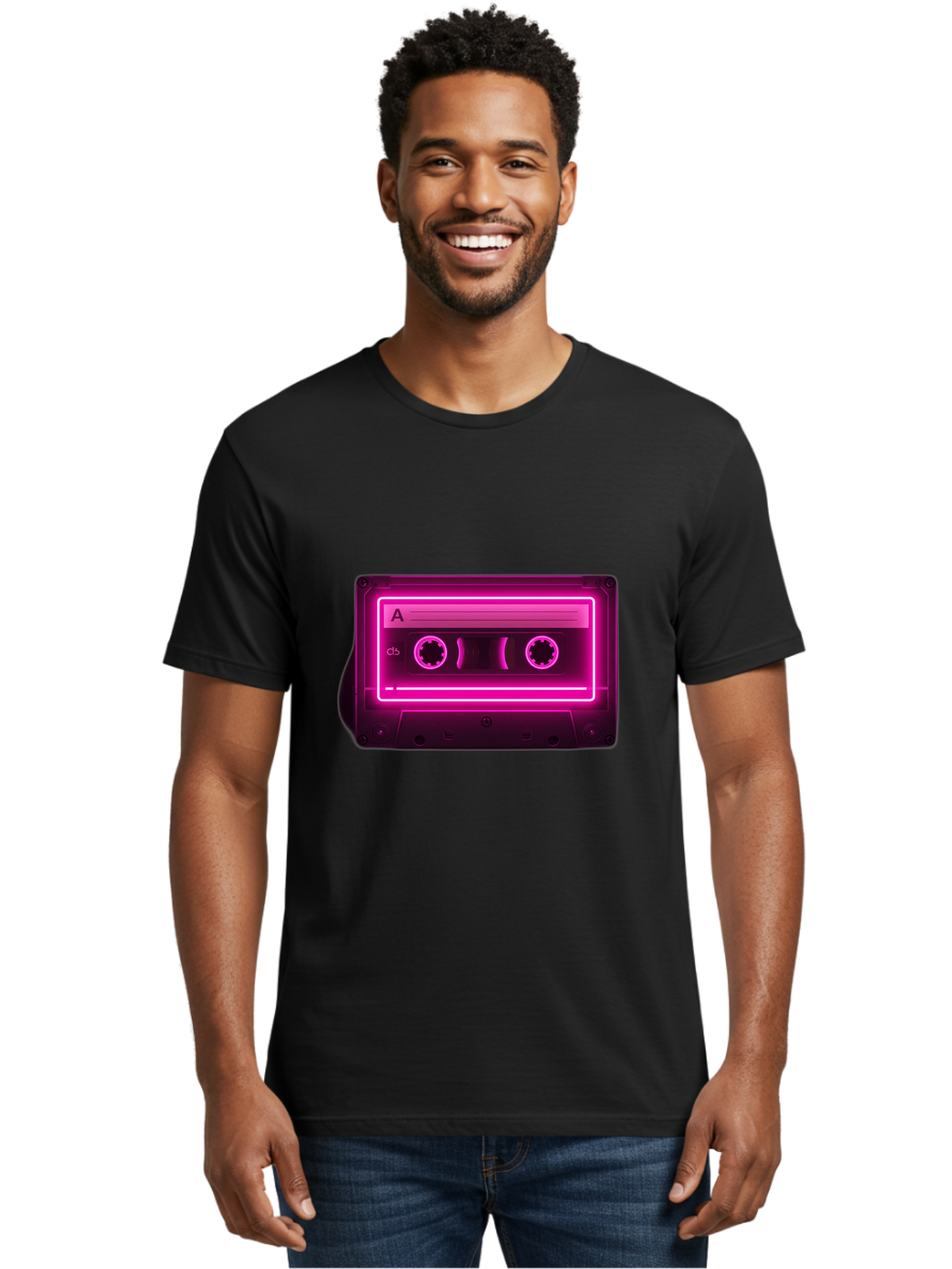 Cassette-Tape-A-5 Men'S Graphic Tee, 100% Cotton, Comfortable Casual Summer Wear, Machine Washable, Cassette Tape, Retro Music, Vintage Technology, Neon Lights, Pink Glow, Cassette A, Cb Label, 80S Nostalgia, Music Lover, Retro Vibe Baa269