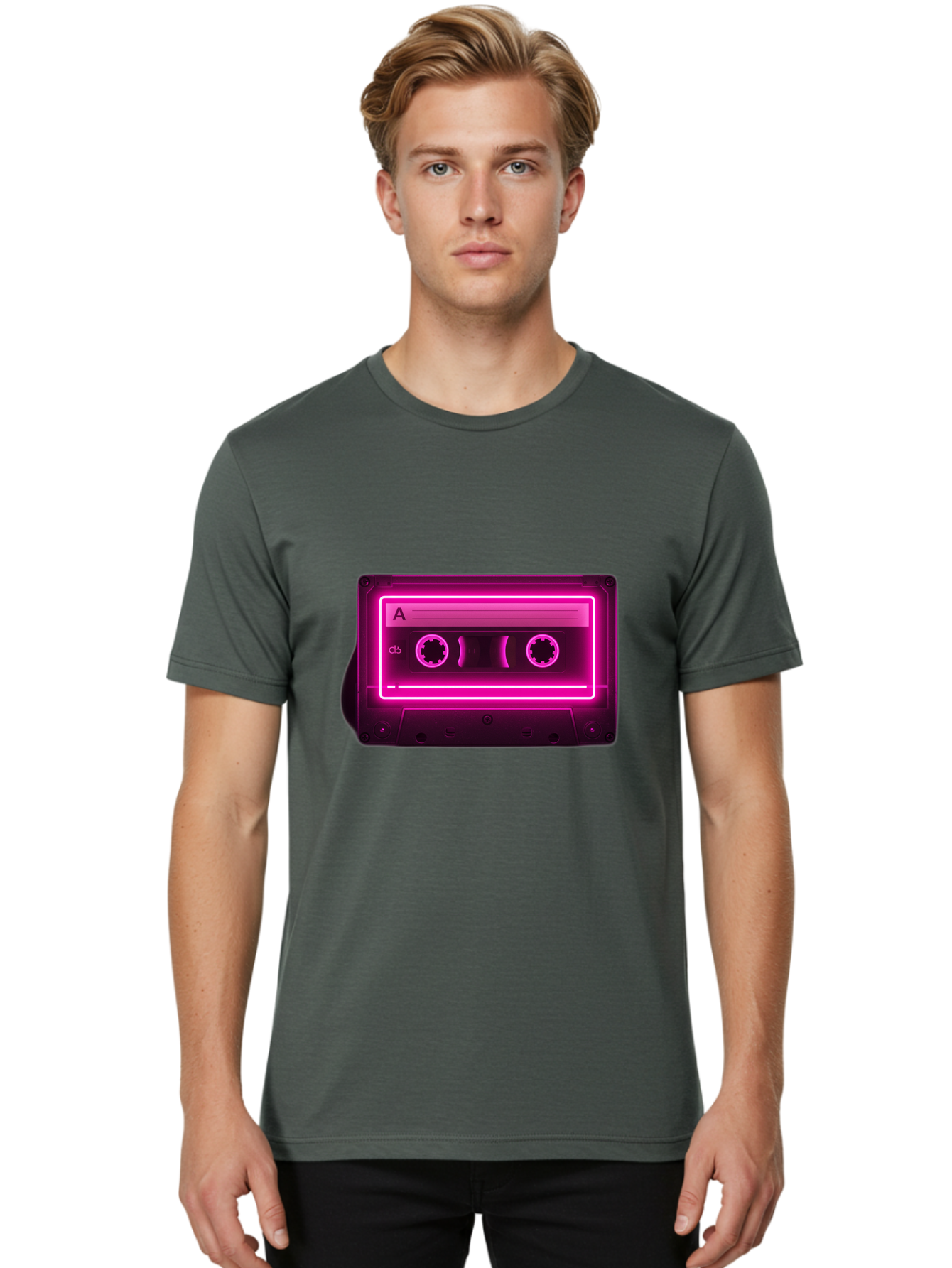 Cassette-Tape-A-5 Men'S Graphic Tee, 100% Cotton, Comfortable Casual Summer Wear, Machine Washable, Cassette Tape, Retro Music, Vintage Technology, Neon Lights, Pink Glow, Cassette A, Cb Label, 80S Nostalgia, Music Lover, Retro Vibe Baa269
