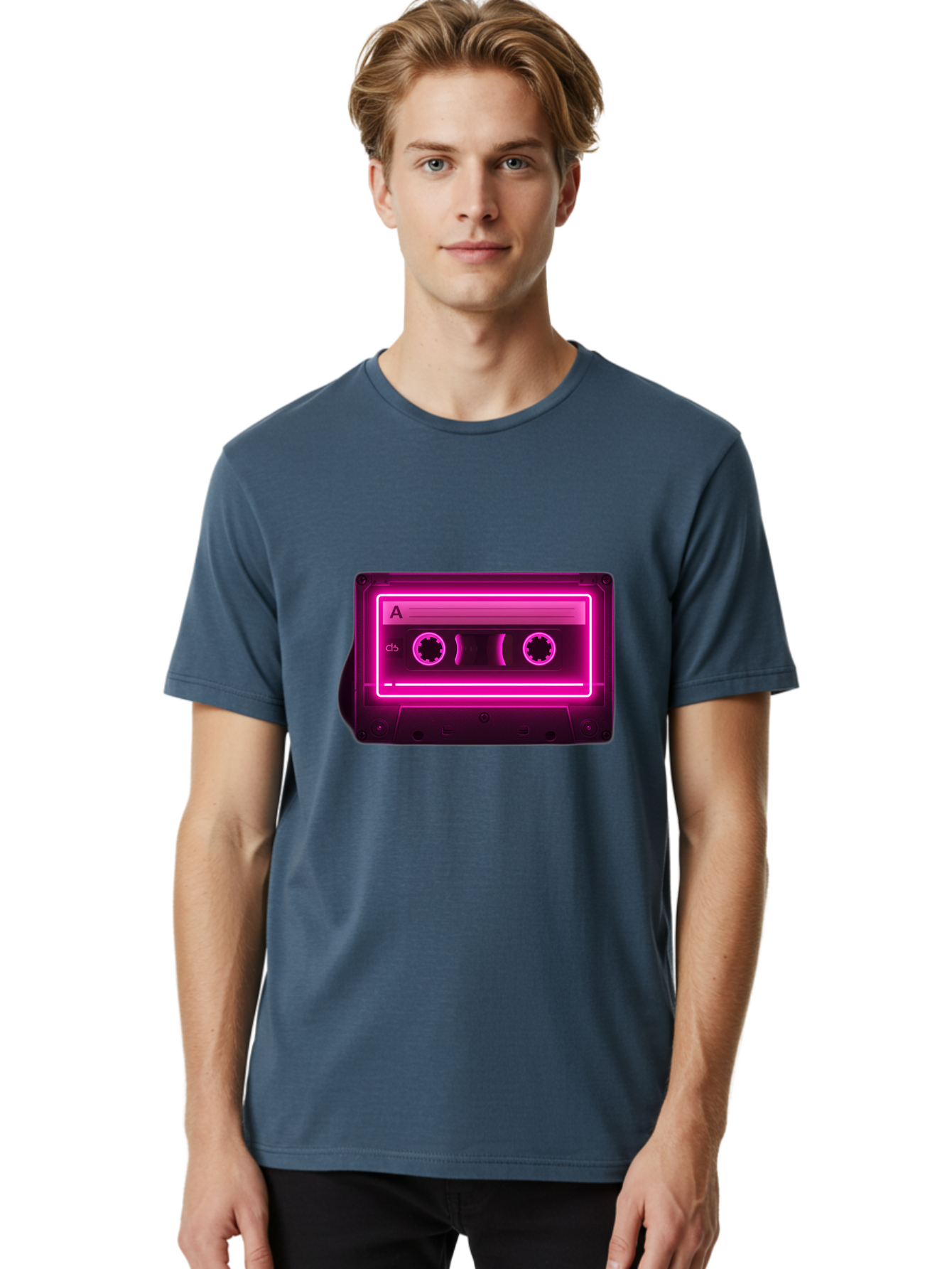 Cassette-Tape-A-5 Men'S Graphic Tee, 100% Cotton, Comfortable Casual Summer Wear, Machine Washable, Cassette Tape, Retro Music, Vintage Technology, Neon Lights, Pink Glow, Cassette A, Cb Label, 80S Nostalgia, Music Lover, Retro Vibe Baa269