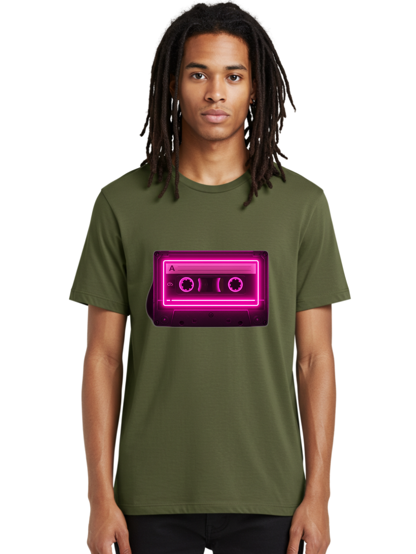 Cassette-Tape-A-5 Men'S Graphic Tee, 100% Cotton, Comfortable Casual Summer Wear, Machine Washable, Cassette Tape, Retro Music, Vintage Technology, Neon Lights, Pink Glow, Cassette A, Cb Label, 80S Nostalgia, Music Lover, Retro Vibe Baa269