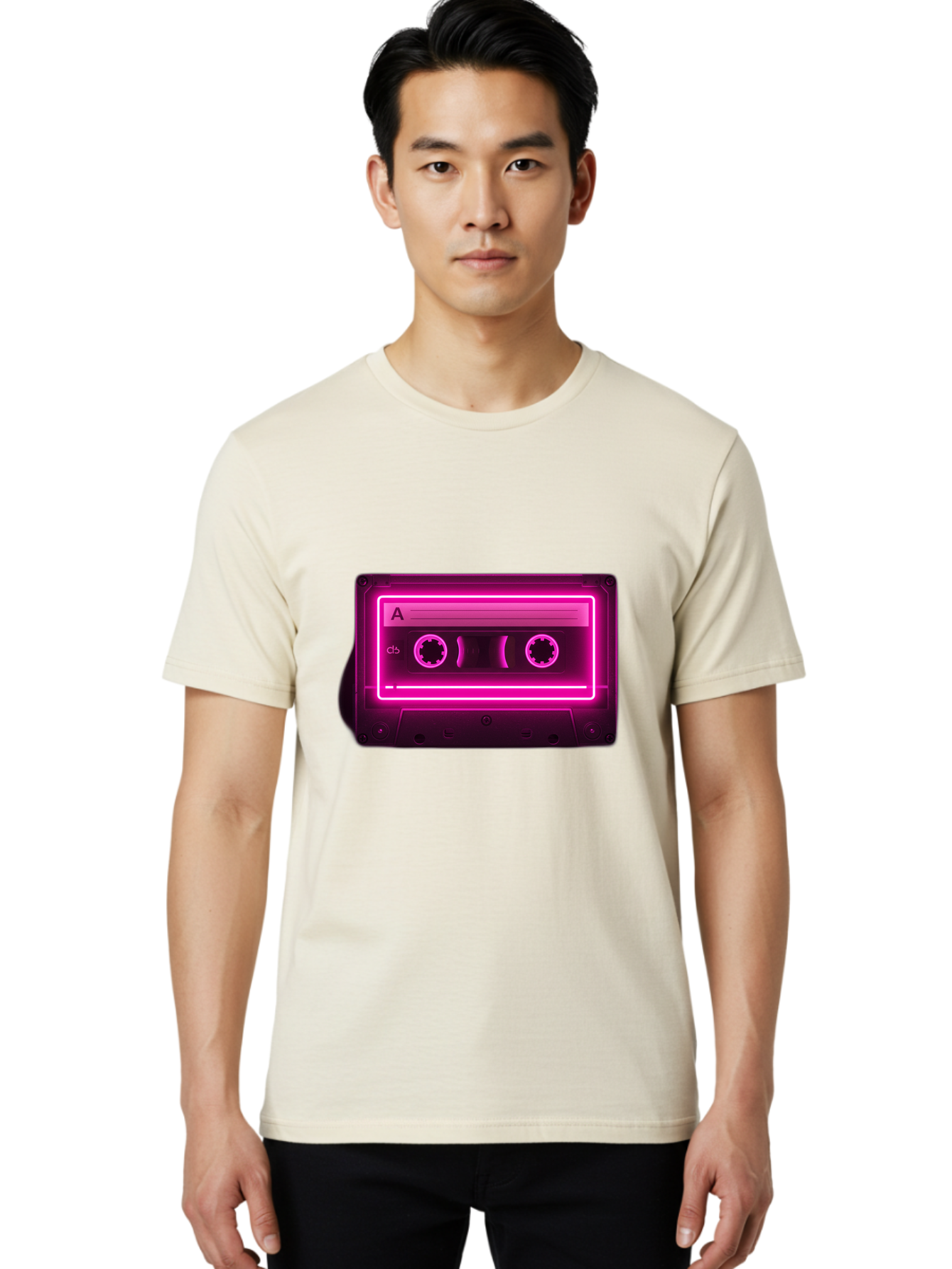 Cassette-Tape-A-5 Men'S Graphic Tee, 100% Cotton, Comfortable Casual Summer Wear, Machine Washable, Cassette Tape, Retro Music, Vintage Technology, Neon Lights, Pink Glow, Cassette A, Cb Label, 80S Nostalgia, Music Lover, Retro Vibe Baa269
