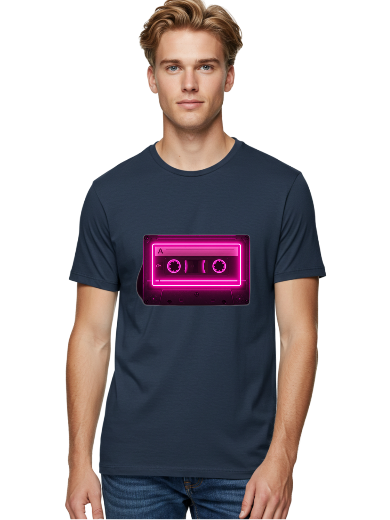 Cassette-Tape-A-5 Men'S Graphic Tee, 100% Cotton, Comfortable Casual Summer Wear, Machine Washable, Cassette Tape, Retro Music, Vintage Technology, Neon Lights, Pink Glow, Cassette A, Cb Label, 80S Nostalgia, Music Lover, Retro Vibe Baa269