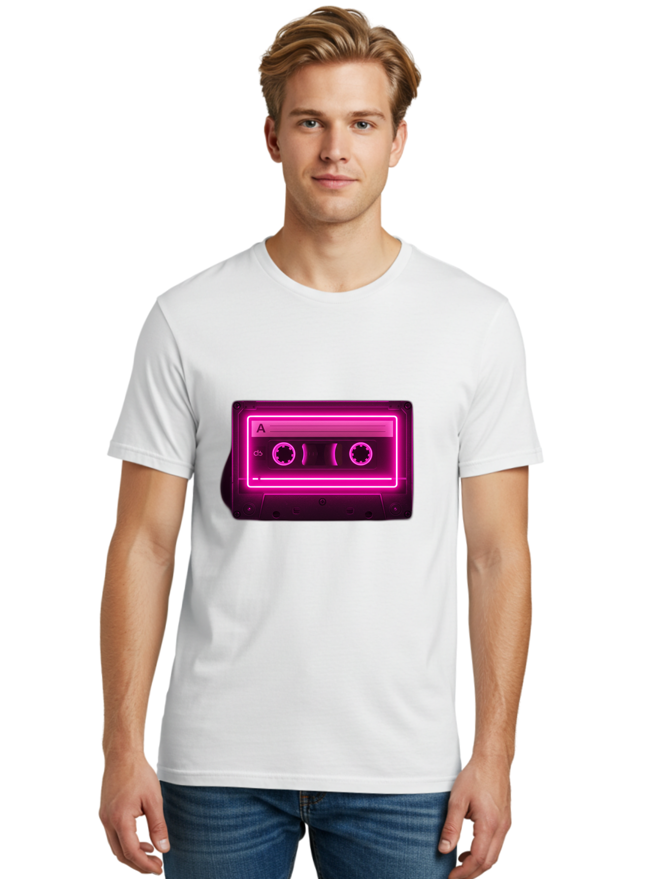 Cassette-Tape-A-5 Men'S Graphic Tee, 100% Cotton, Comfortable Casual Summer Wear, Machine Washable, Cassette Tape, Retro Music, Vintage Technology, Neon Lights, Pink Glow, Cassette A, Cb Label, 80S Nostalgia, Music Lover, Retro Vibe Baa269