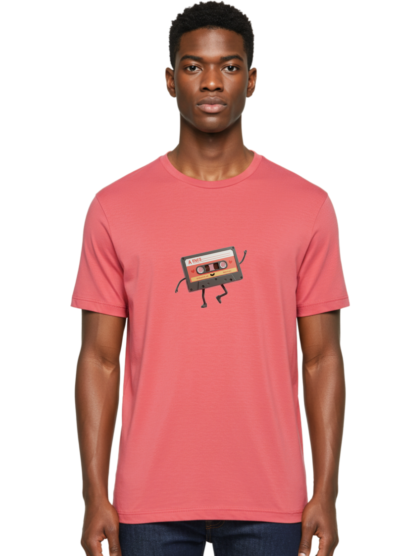 Cassette-Tape-A-Enes Men'S Graphic Tee, 100% Cotton, Comfortable Casual Summer Wear, Machine Washable, Vintage Cassette Tape, Retro Music, Nostalgic Vibes, Cartoon Character, Funny Illustration, Playful Design, A Enes Label, Cassette With Legs Baa270