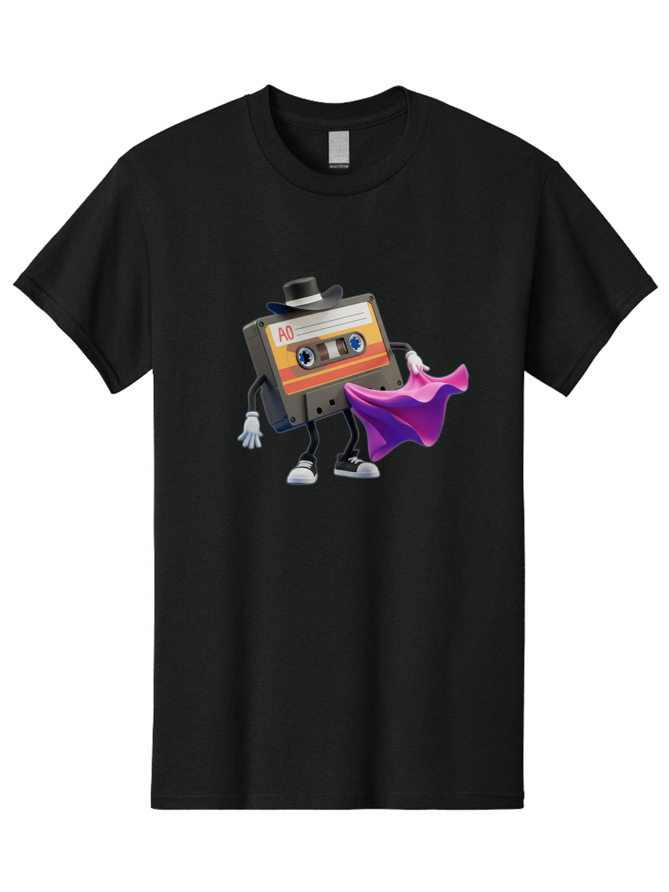 Cassette-Tape-A0 Men'S Graphic Tee, 100% Cotton, Comfortable Casual Summer Wear, Machine Washable, Cassette Tape Character, Retro Music, Vintage Style, A0 Label, Fancy Hat, Cape, Cool Pose, Nostalgic Charm, Funky Vibe Baa272