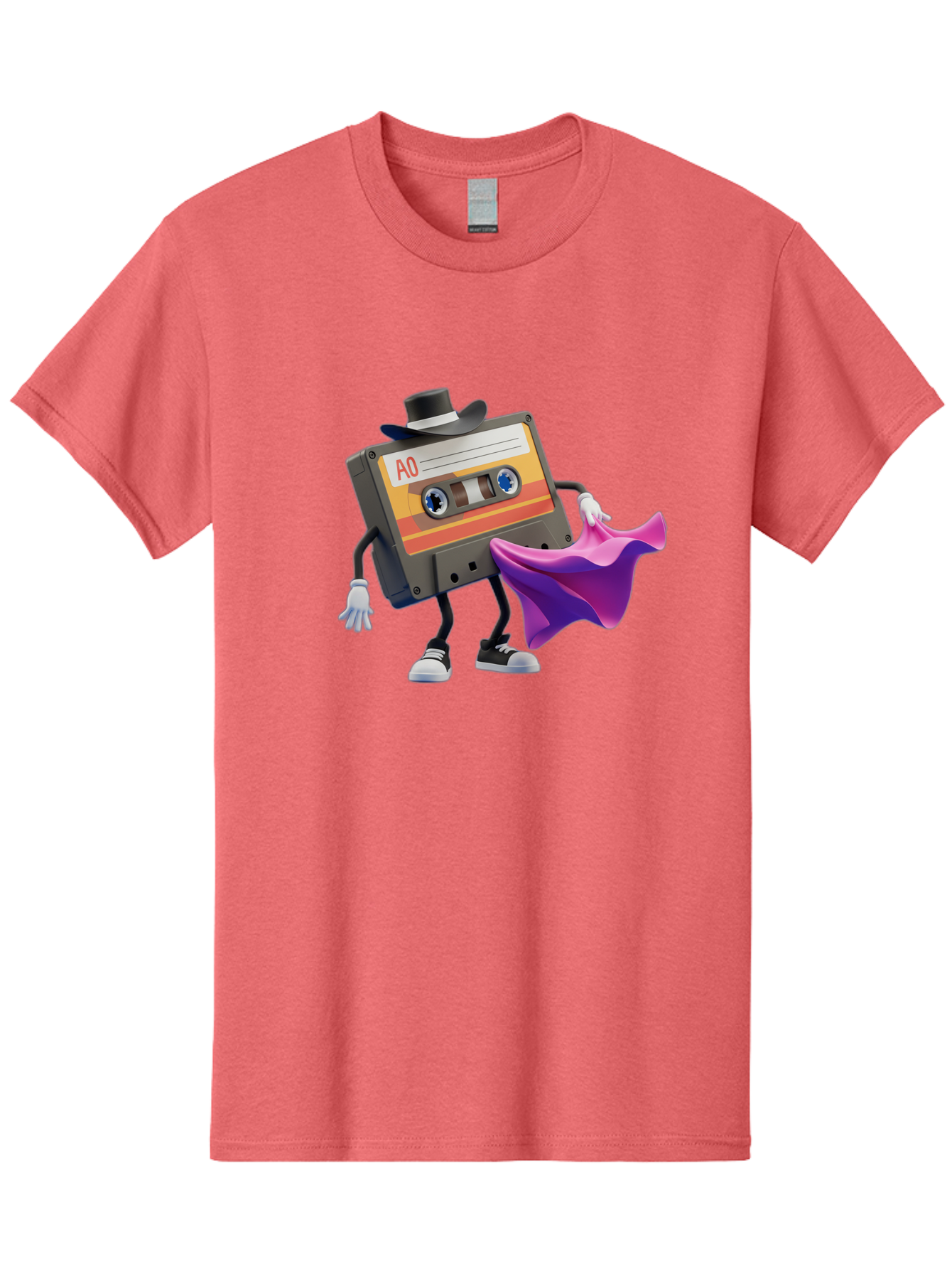Cassette-Tape-A0 Men'S Graphic Tee, 100% Cotton, Comfortable Casual Summer Wear, Machine Washable, Cassette Tape Character, Retro Music, Vintage Style, A0 Label, Fancy Hat, Cape, Cool Pose, Nostalgic Charm, Funky Vibe Baa272