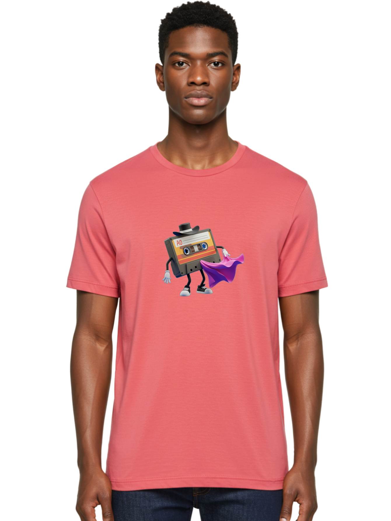 Cassette-Tape-A0 Men'S Graphic Tee, 100% Cotton, Comfortable Casual Summer Wear, Machine Washable, Cassette Tape Character, Retro Music, Vintage Style, A0 Label, Fancy Hat, Cape, Cool Pose, Nostalgic Charm, Funky Vibe Baa272