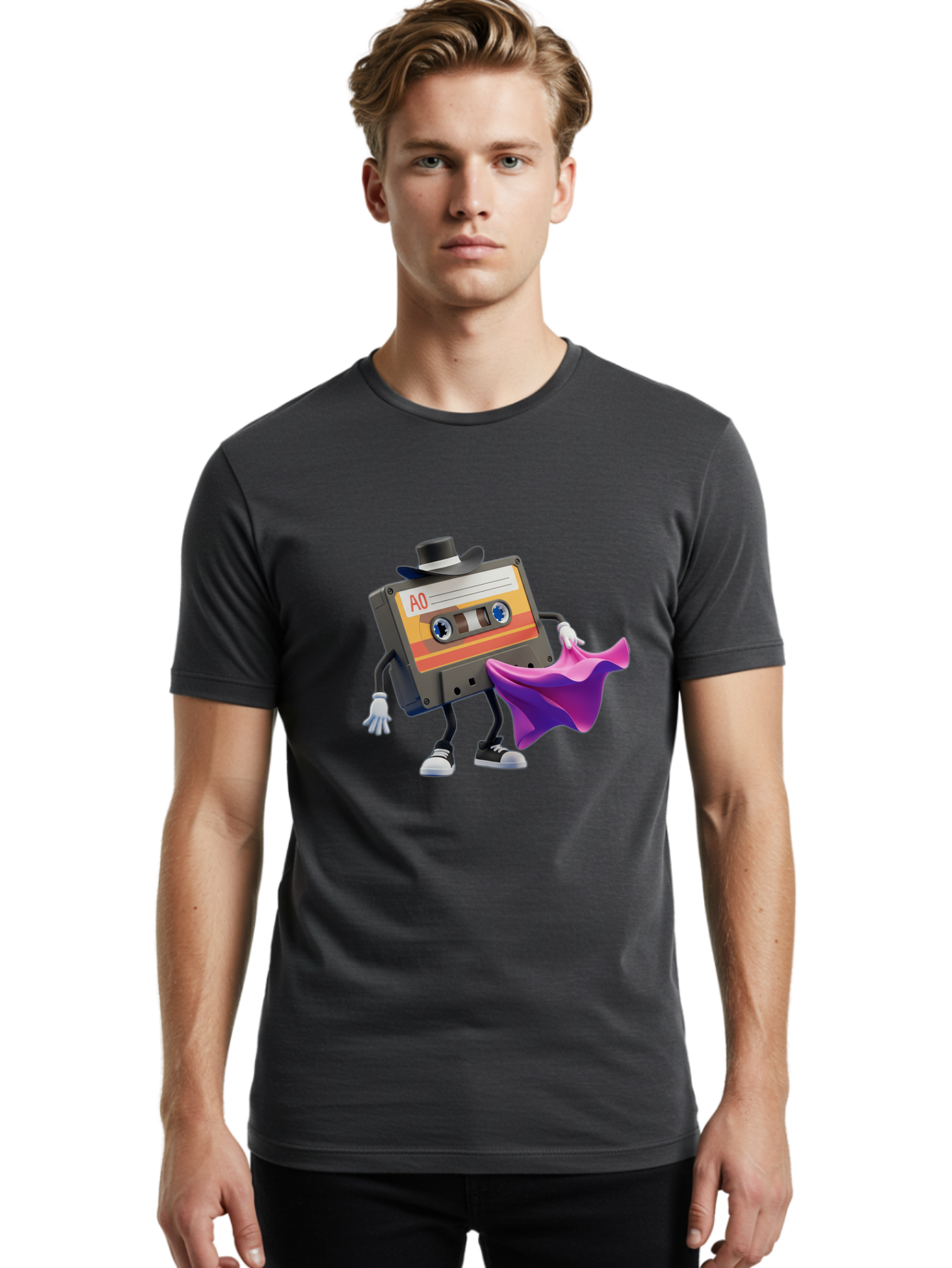 Cassette-Tape-A0 Men'S Graphic Tee, 100% Cotton, Comfortable Casual Summer Wear, Machine Washable, Cassette Tape Character, Retro Music, Vintage Style, A0 Label, Fancy Hat, Cape, Cool Pose, Nostalgic Charm, Funky Vibe Baa272
