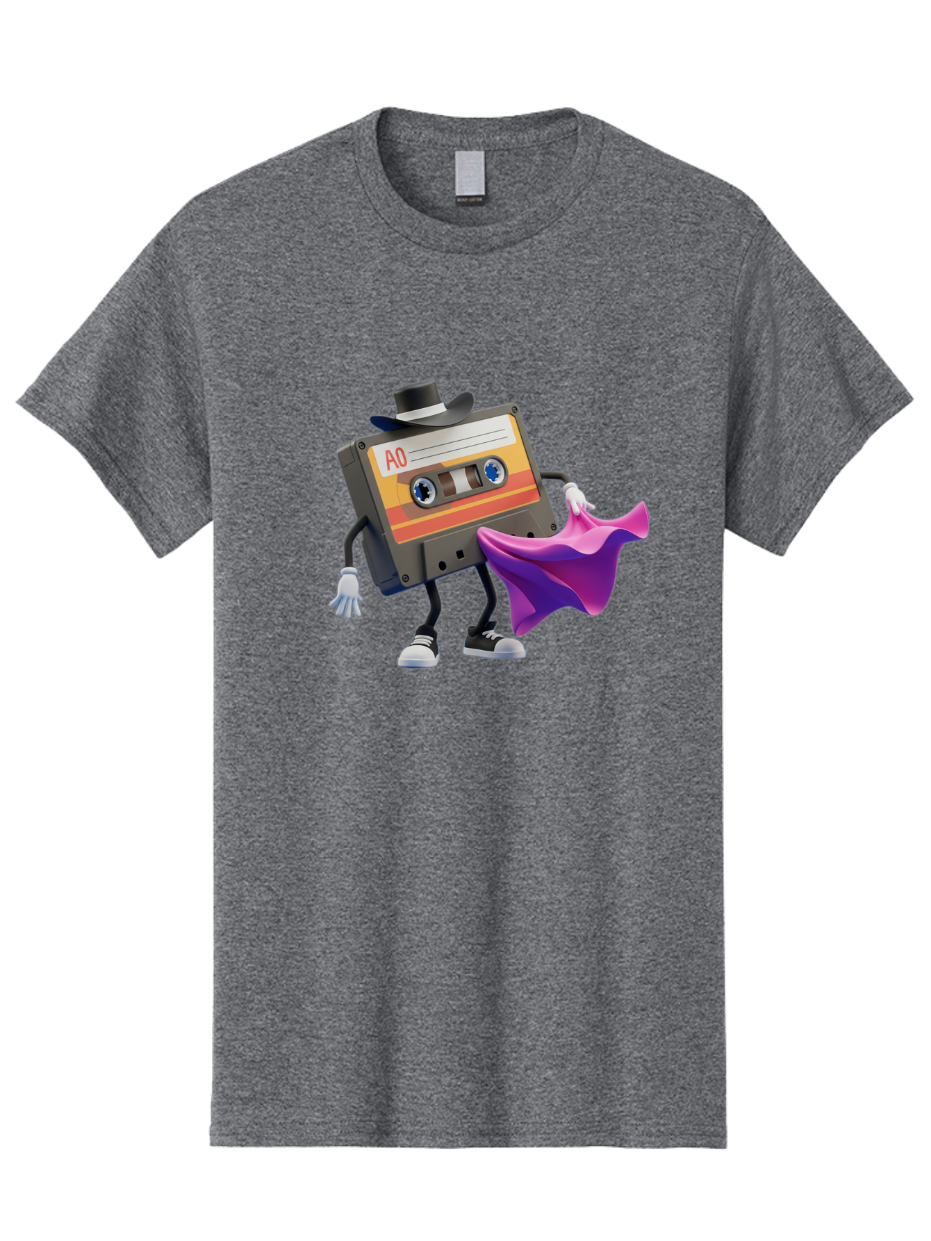 Cassette-Tape-A0 Men'S Graphic Tee, 100% Cotton, Comfortable Casual Summer Wear, Machine Washable, Cassette Tape Character, Retro Music, Vintage Style, A0 Label, Fancy Hat, Cape, Cool Pose, Nostalgic Charm, Funky Vibe Baa272