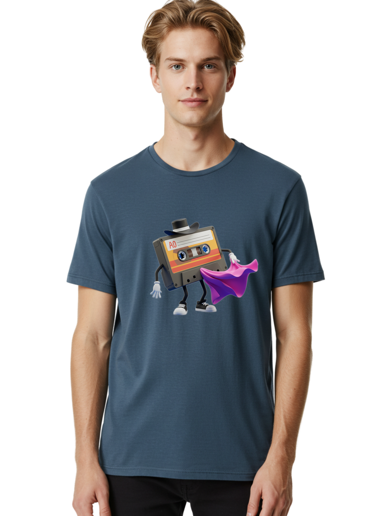 Cassette-Tape-A0 Men'S Graphic Tee, 100% Cotton, Comfortable Casual Summer Wear, Machine Washable, Cassette Tape Character, Retro Music, Vintage Style, A0 Label, Fancy Hat, Cape, Cool Pose, Nostalgic Charm, Funky Vibe Baa272