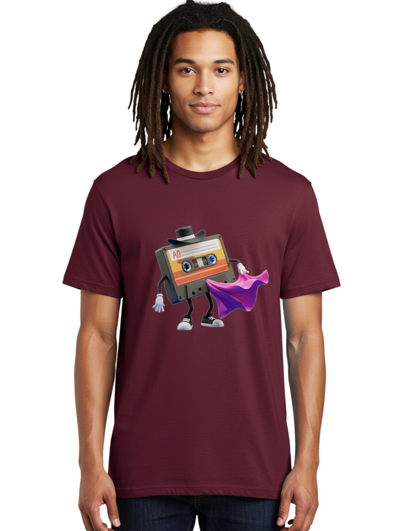 Cassette-Tape-A0 Men'S Graphic Tee, 100% Cotton, Comfortable Casual Summer Wear, Machine Washable, Cassette Tape Character, Retro Music, Vintage Style, A0 Label, Fancy Hat, Cape, Cool Pose, Nostalgic Charm, Funky Vibe Baa272