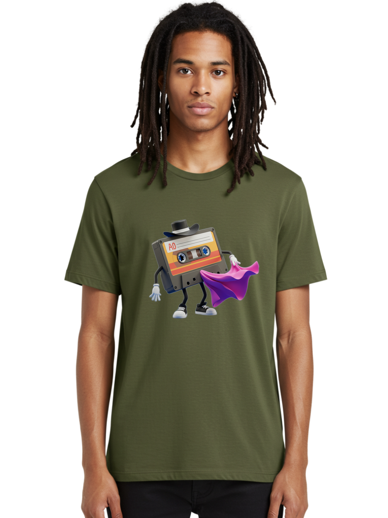 Cassette-Tape-A0 Men'S Graphic Tee, 100% Cotton, Comfortable Casual Summer Wear, Machine Washable, Cassette Tape Character, Retro Music, Vintage Style, A0 Label, Fancy Hat, Cape, Cool Pose, Nostalgic Charm, Funky Vibe Baa272