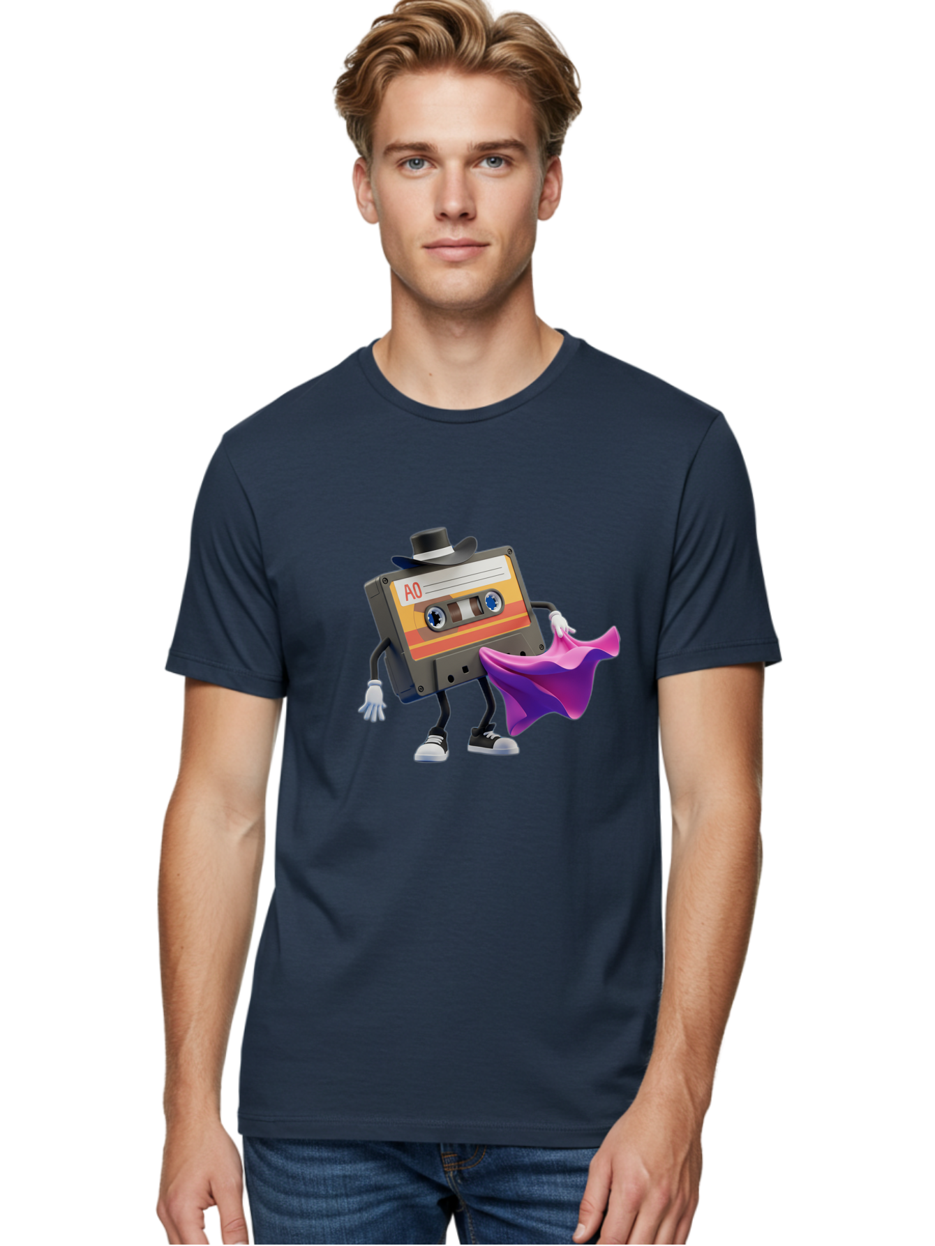 Cassette-Tape-A0 Men'S Graphic Tee, 100% Cotton, Comfortable Casual Summer Wear, Machine Washable, Cassette Tape Character, Retro Music, Vintage Style, A0 Label, Fancy Hat, Cape, Cool Pose, Nostalgic Charm, Funky Vibe Baa272