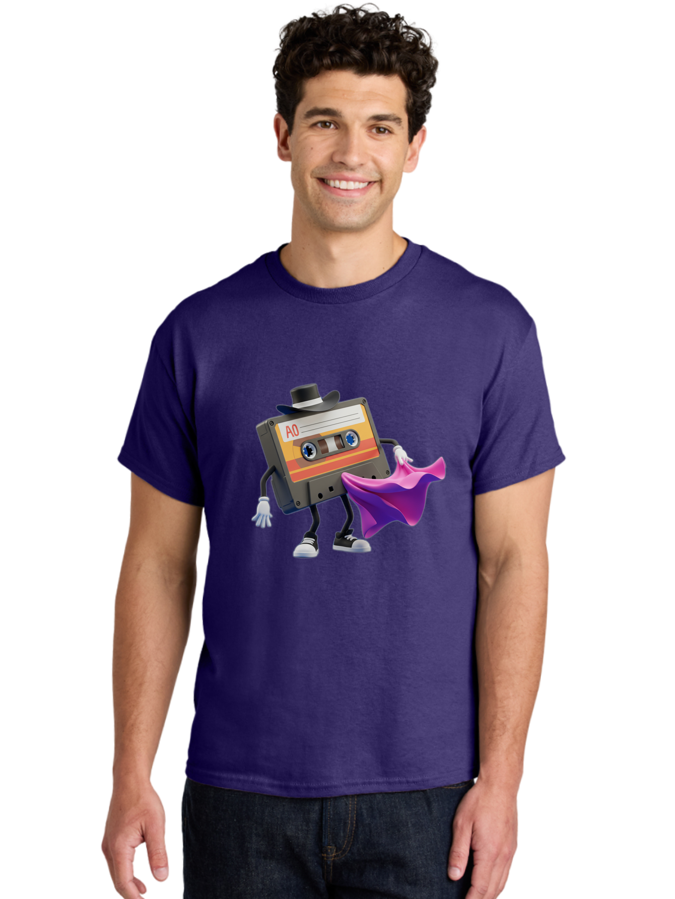 Cassette-Tape-A0 Men'S Graphic Tee, 100% Cotton, Comfortable Casual Summer Wear, Machine Washable, Cassette Tape Character, Retro Music, Vintage Style, A0 Label, Fancy Hat, Cape, Cool Pose, Nostalgic Charm, Funky Vibe Baa272