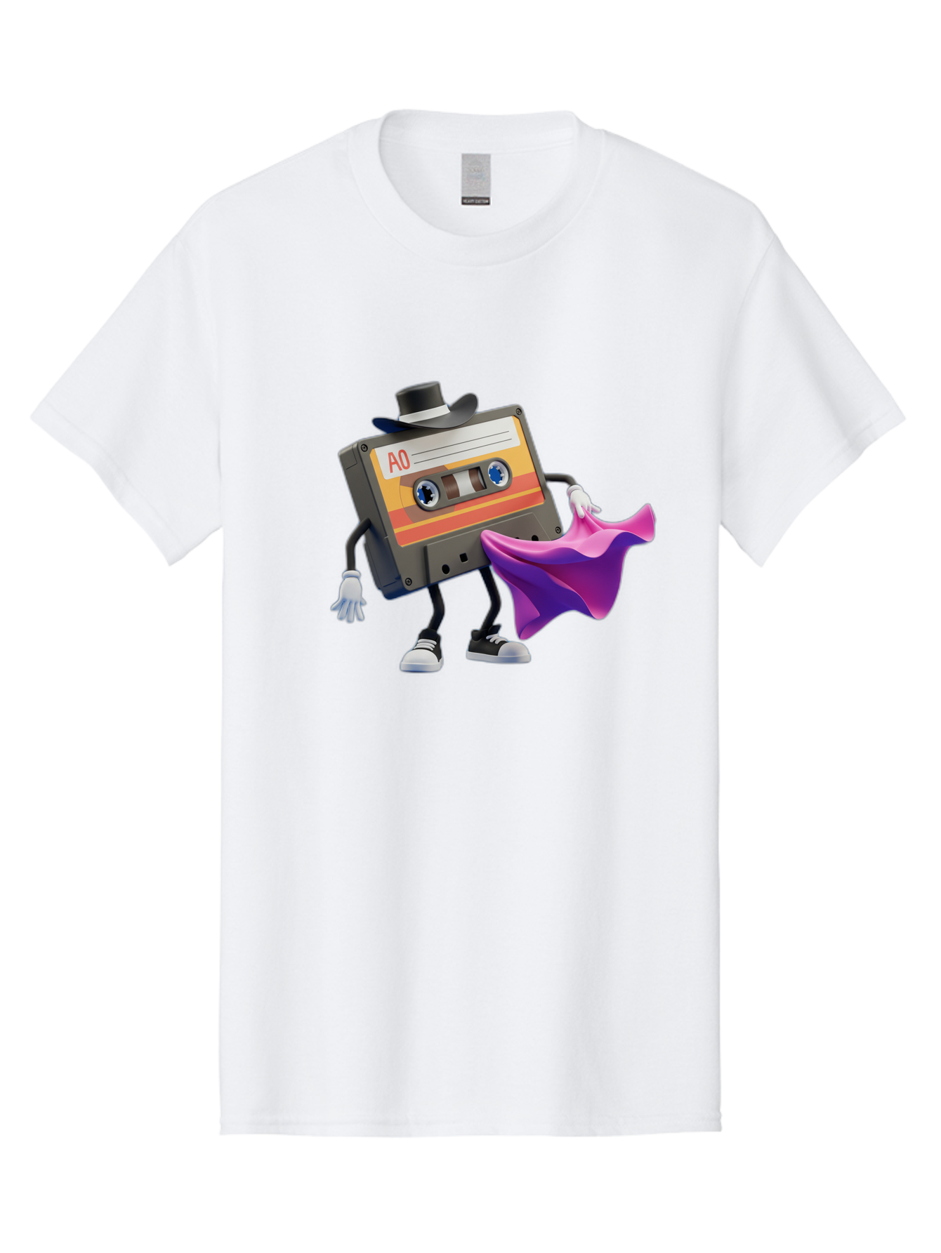 Cassette-Tape-A0 Men'S Graphic Tee, 100% Cotton, Comfortable Casual Summer Wear, Machine Washable, Cassette Tape Character, Retro Music, Vintage Style, A0 Label, Fancy Hat, Cape, Cool Pose, Nostalgic Charm, Funky Vibe Baa272
