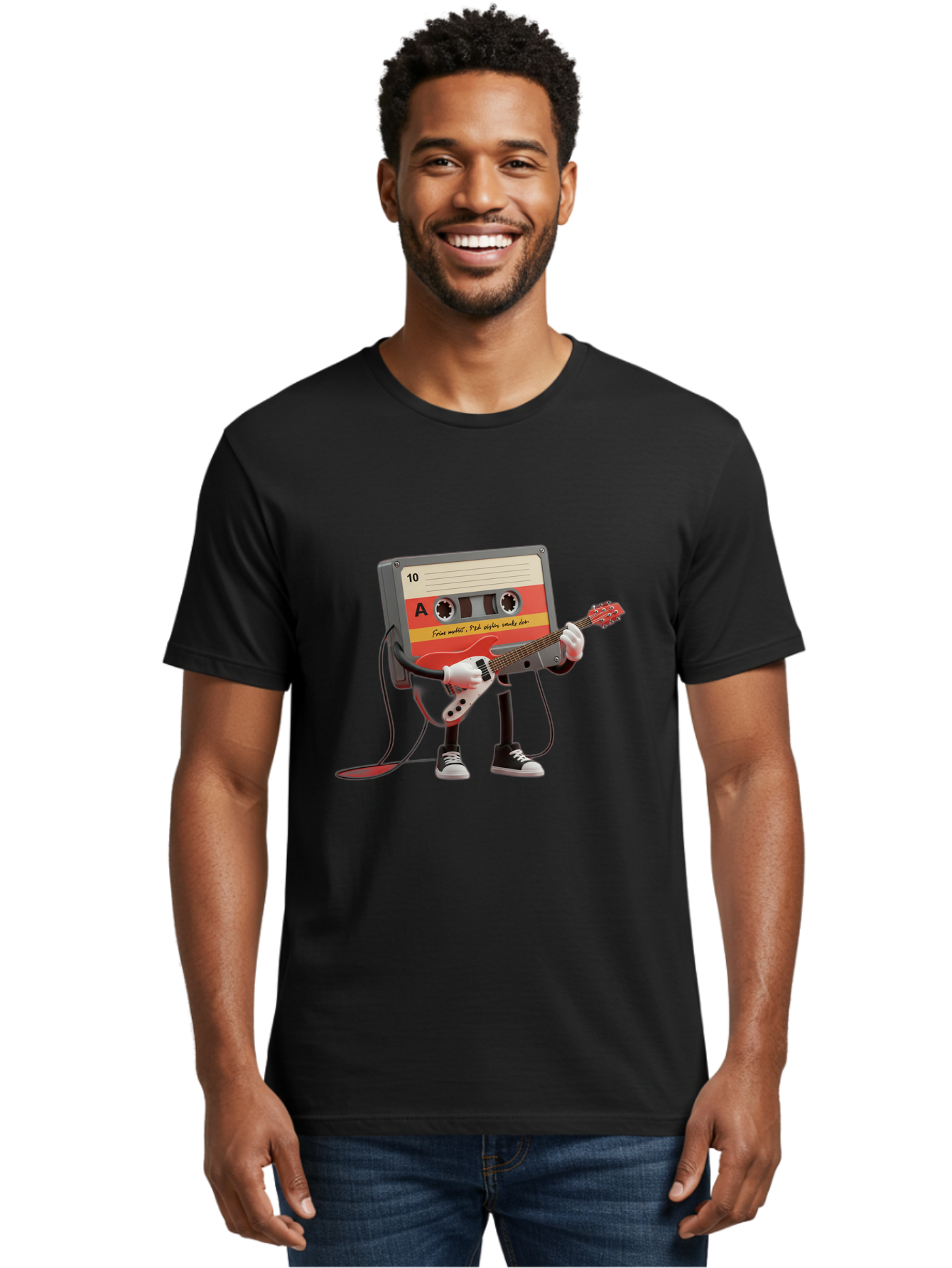 Cassette-Tape-Character-With-Guitar Men'S Graphic Tee, 100% Cotton, Comfortable Casual Summer Wear, Machine Washable, Cassette Tape Character, Playing Guitar, Music Lover, Retro Music, Nostalgic Vibe, 90S Music, Rock On, Guitar Hero, A10 Label Baa273