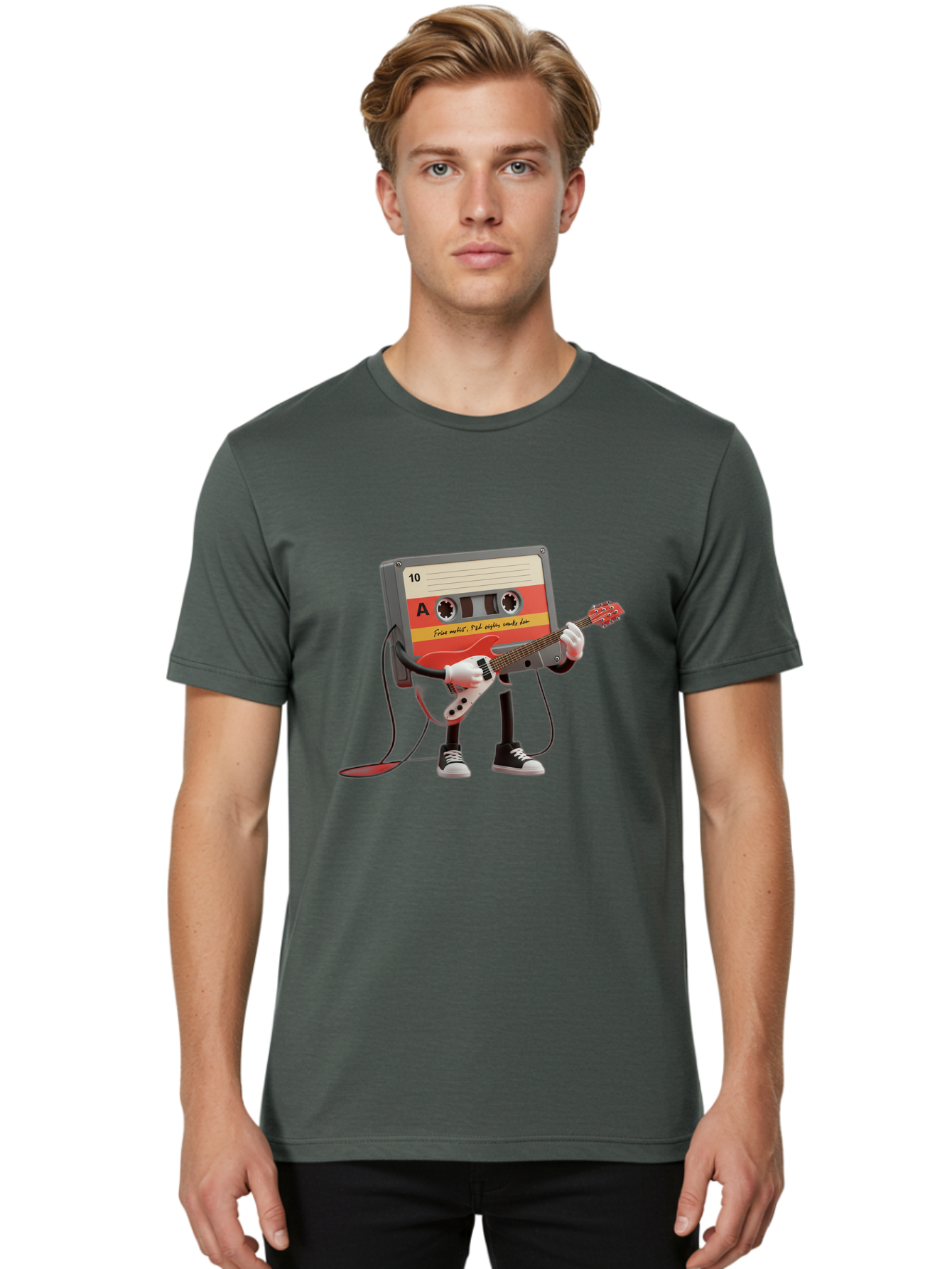 Cassette-Tape-Character-With-Guitar Men'S Graphic Tee, 100% Cotton, Comfortable Casual Summer Wear, Machine Washable, Cassette Tape Character, Playing Guitar, Music Lover, Retro Music, Nostalgic Vibe, 90S Music, Rock On, Guitar Hero, A10 Label Baa273