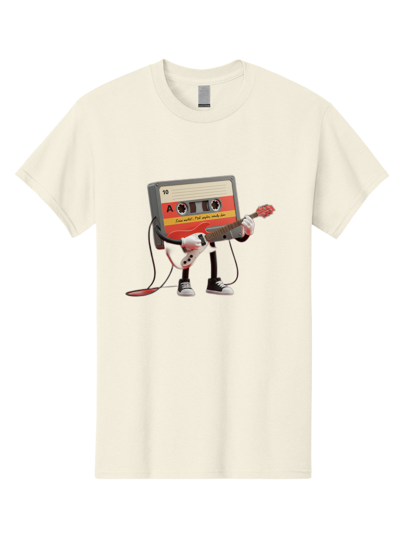 Cassette-Tape-Character-With-Guitar Men'S Graphic Tee, 100% Cotton, Comfortable Casual Summer Wear, Machine Washable, Cassette Tape Character, Playing Guitar, Music Lover, Retro Music, Nostalgic Vibe, 90S Music, Rock On, Guitar Hero, A10 Label Baa273