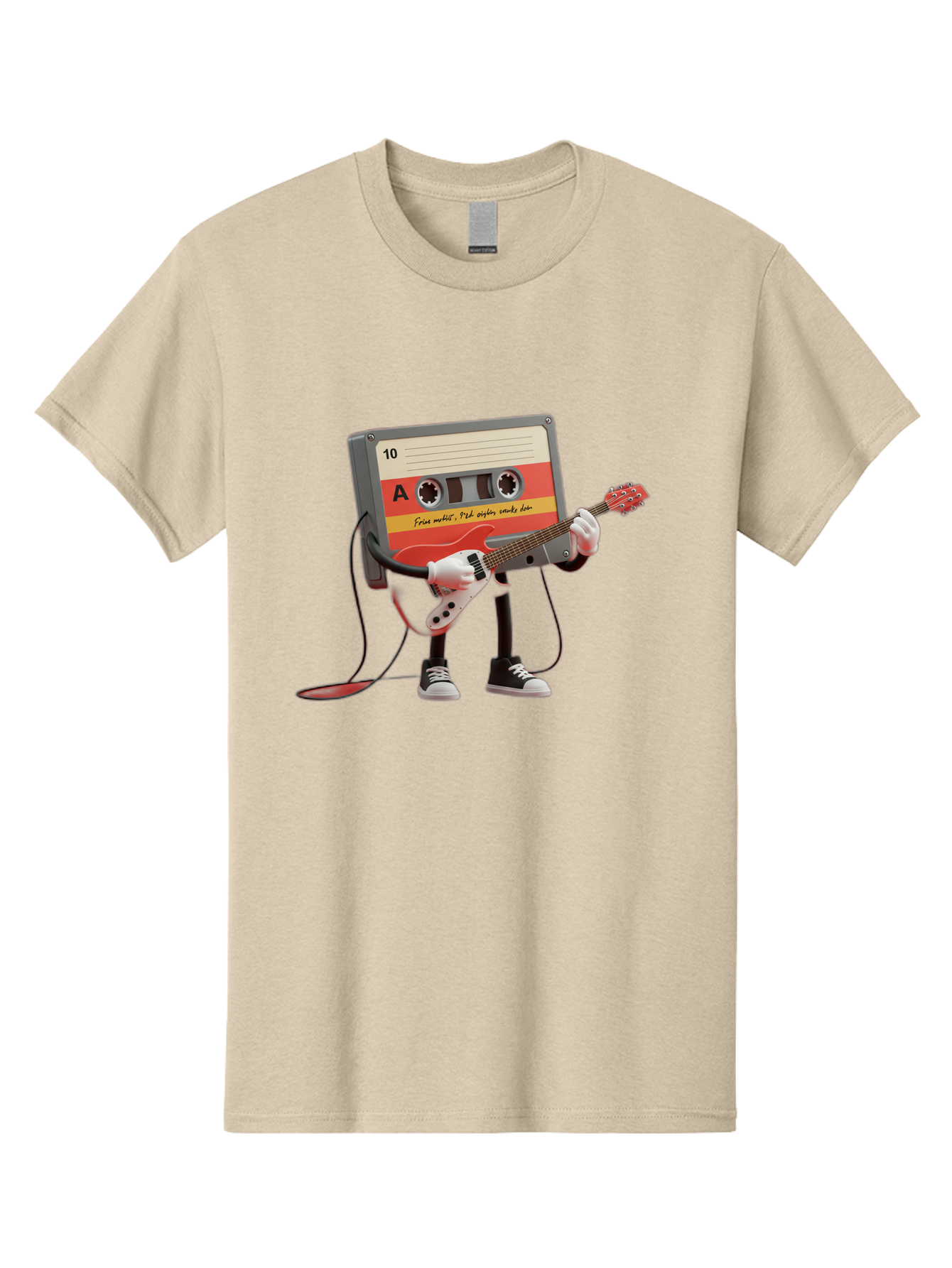 Cassette-Tape-Character-With-Guitar Men'S Graphic Tee, 100% Cotton, Comfortable Casual Summer Wear, Machine Washable, Cassette Tape Character, Playing Guitar, Music Lover, Retro Music, Nostalgic Vibe, 90S Music, Rock On, Guitar Hero, A10 Label Baa273