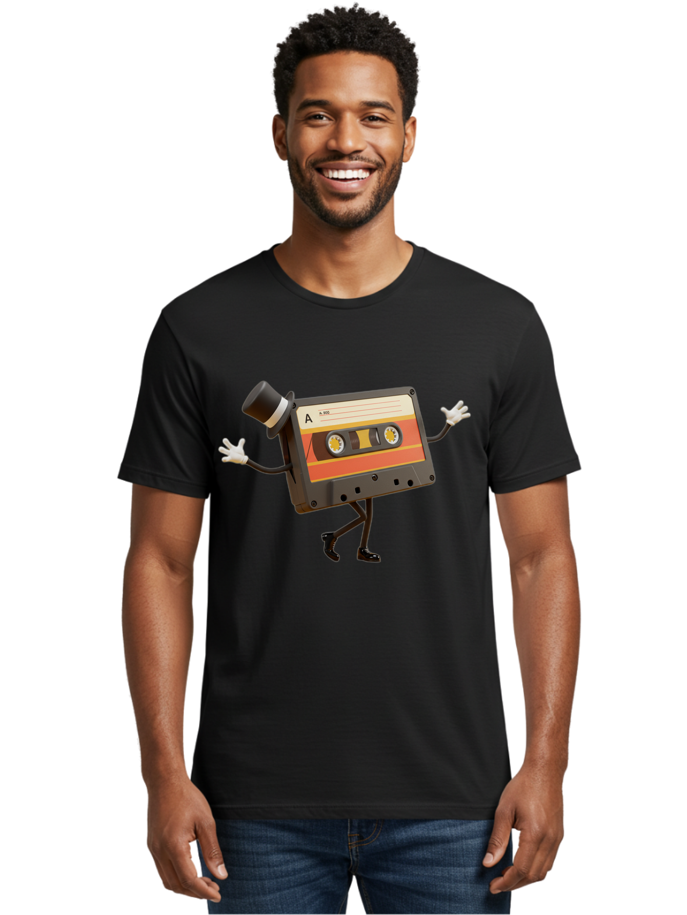 Cassette-Tape Men'S Graphic Tee, 100% Cotton, Comfortable Casual Summer Wear, Machine Washable, Retro Cassette Tape, Anthropomorphic Design, Top Hat, Gloves, Stick Figure Legs, Vintage Audio, Nostalgic Charm, Playful Illustration, Baa274
