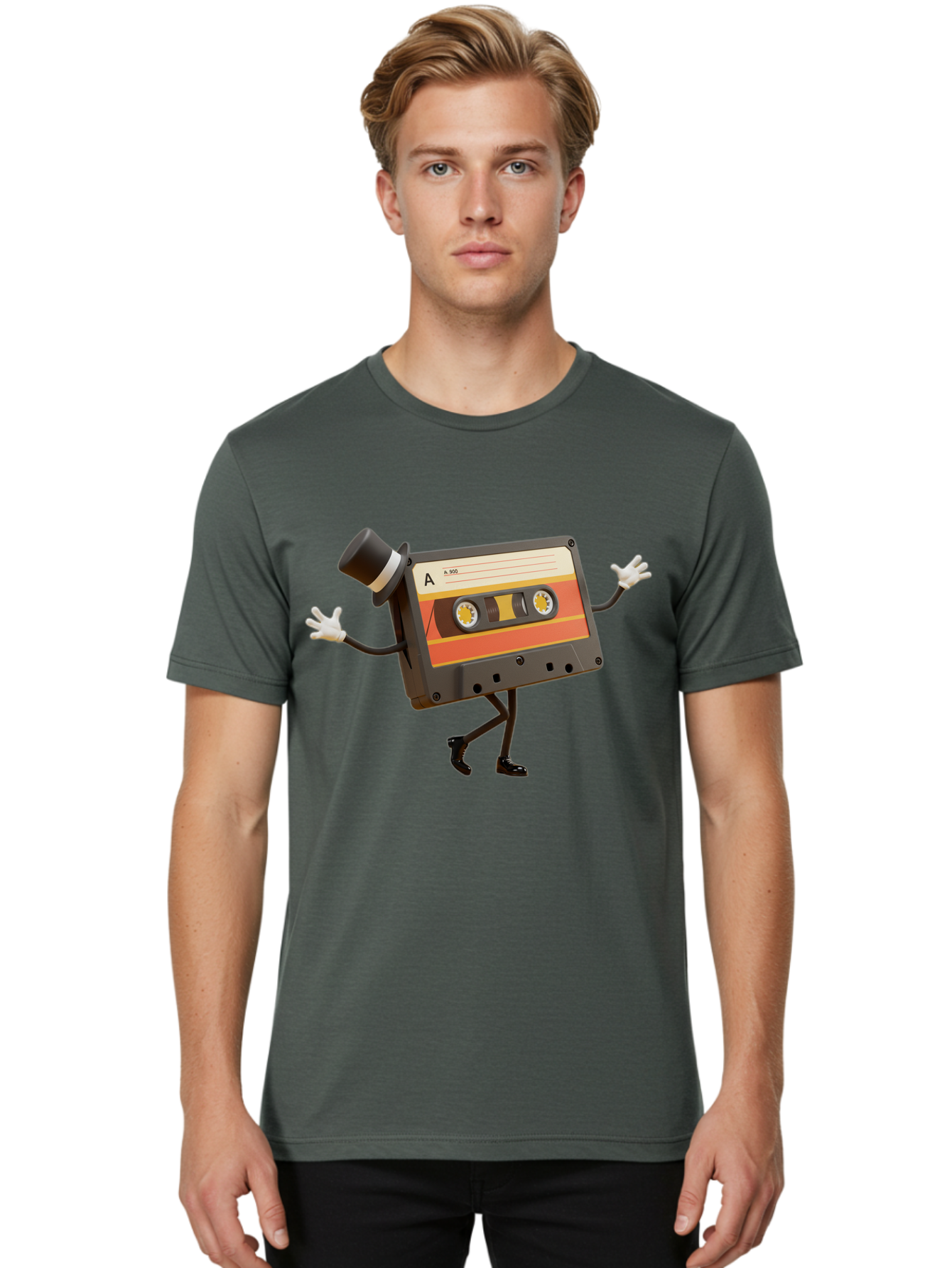 Cassette-Tape Men'S Graphic Tee, 100% Cotton, Comfortable Casual Summer Wear, Machine Washable, Retro Cassette Tape, Anthropomorphic Design, Top Hat, Gloves, Stick Figure Legs, Vintage Audio, Nostalgic Charm, Playful Illustration, Baa274