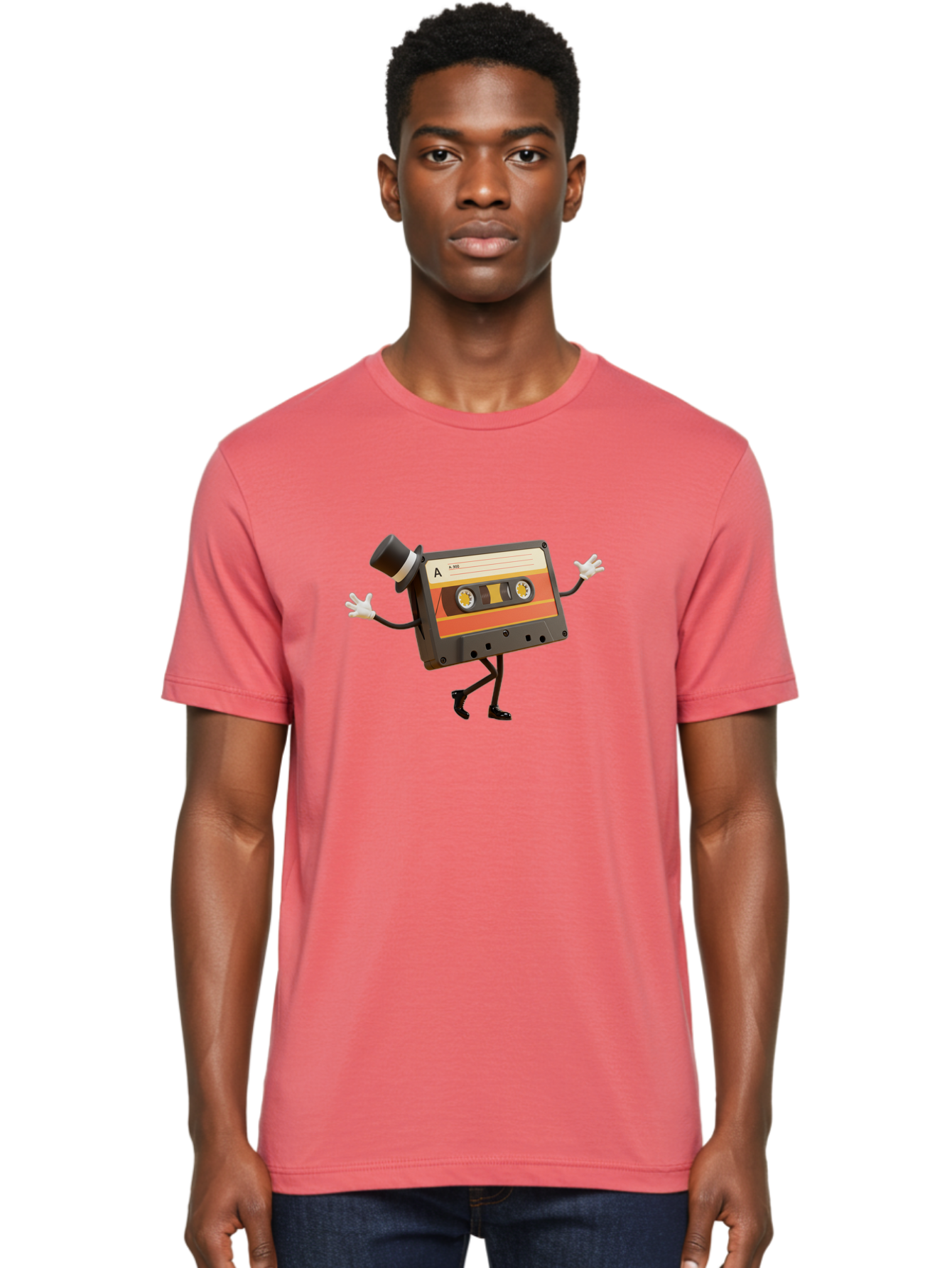 Cassette-Tape Men'S Graphic Tee, 100% Cotton, Comfortable Casual Summer Wear, Machine Washable, Retro Cassette Tape, Anthropomorphic Design, Top Hat, Gloves, Stick Figure Legs, Vintage Audio, Nostalgic Charm, Playful Illustration, Baa274